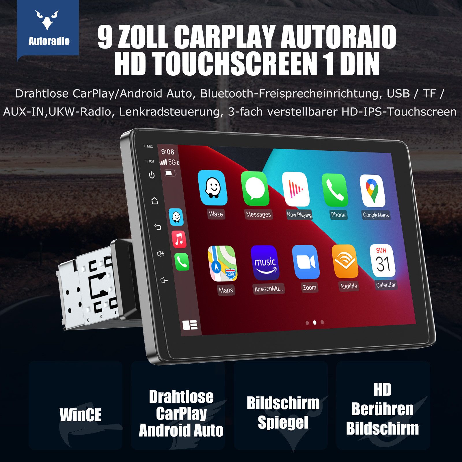ESSGOO 9" 1-DIN Autoradio mit Touchscreen CarPlay Android Auto und Bluetooth Autoradio (AUX, 12CAM(optional), Single DIN, Apple Carplay Android Auto GPS Navi WIFI BT EQ)