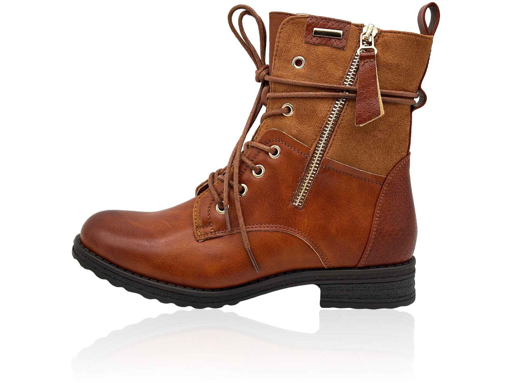 Nowaland Casual Damen Boots mit Warmfutter und Reißverschluss Stiefelette Dekorative Schnürung und kuscheliges Warmfutter