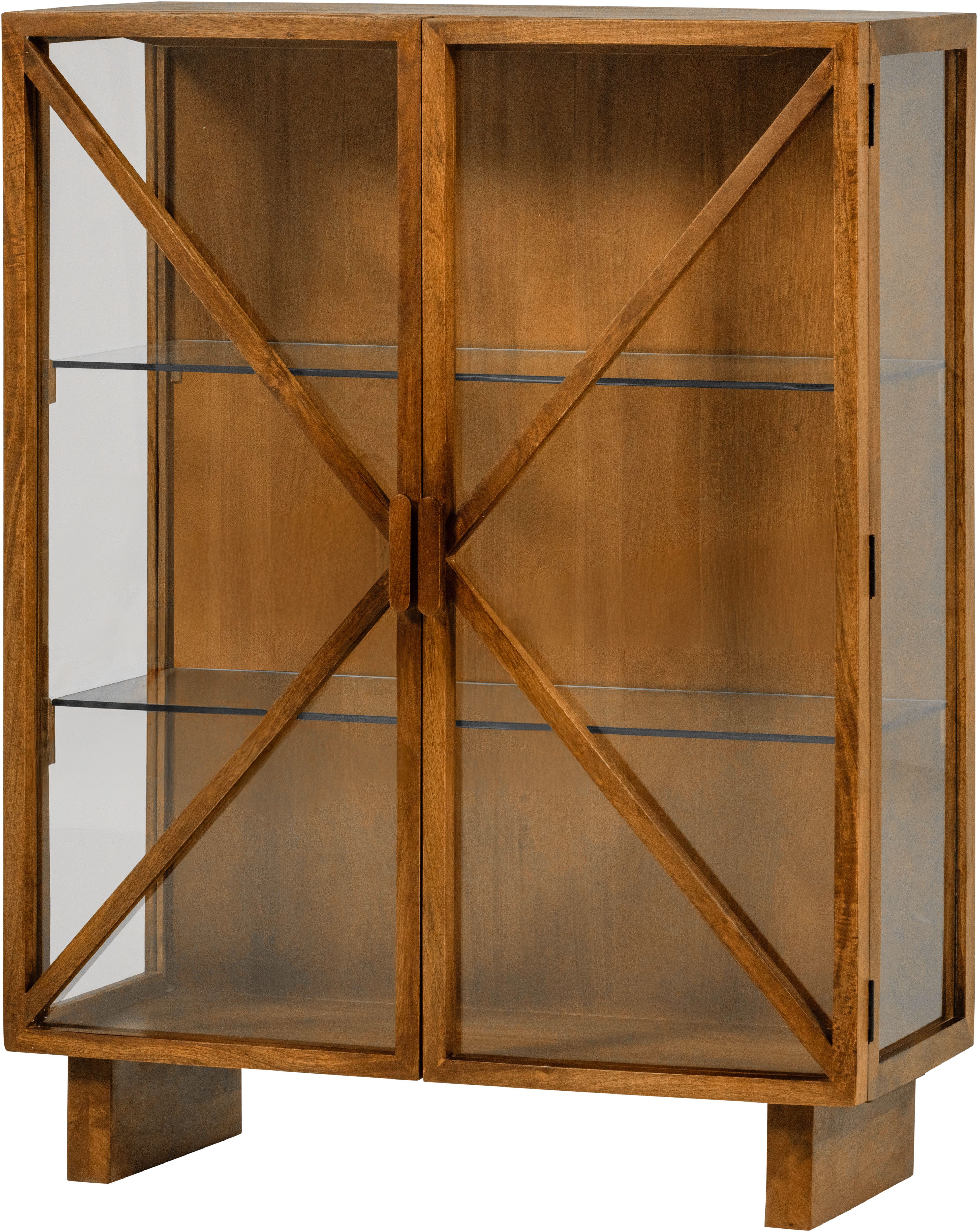 WOOOD Vitrine Kella Mangoholz mit Glastüren und Glasablagen B 100 x D 44 x H 132 cm Tragkraft 5–7 kg pro Ablage, Wandbefestigung empfohlen