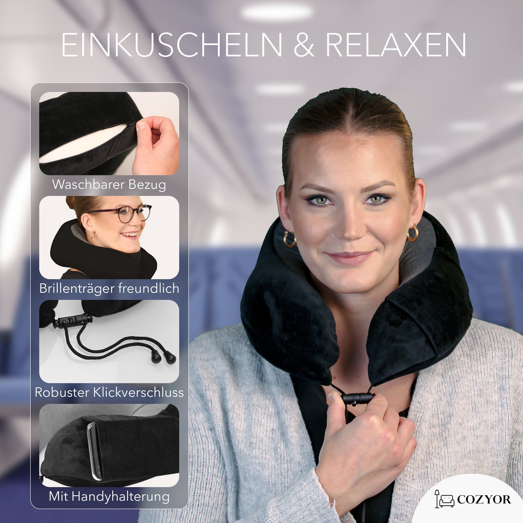 Cozyor Nackenstützkissen Memory Nackenkissen mit verstellbarem Verschluss + praktischer Tasche, Füllung: Memory Schaum Gedächtnisschaum, Bezug: waschbarer Bezug, Set, Nackenhörnchen zum Reisen, klein & kompakt, schwarz Eclipse Serie, auch im Reise-Set mit Reisedecke & Augenmaske erhältlich