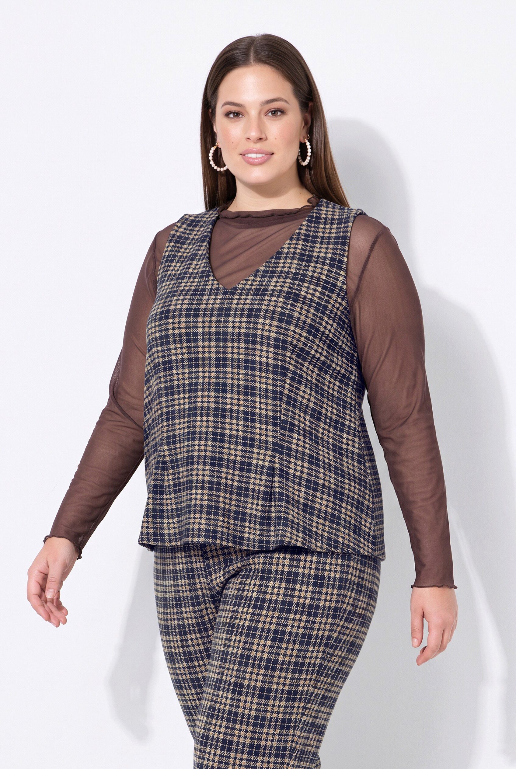 MIAMODA Longtop Top Slim Fit Karo V-Ausschnitt