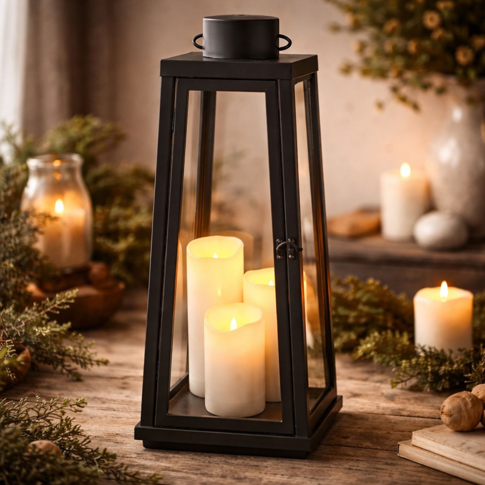 BURI Kugelleuchte LED Laterne 3 LEDs Timer 60cm Schwarz Metall Kerzenhalter Windlichter, Kugel Lampe