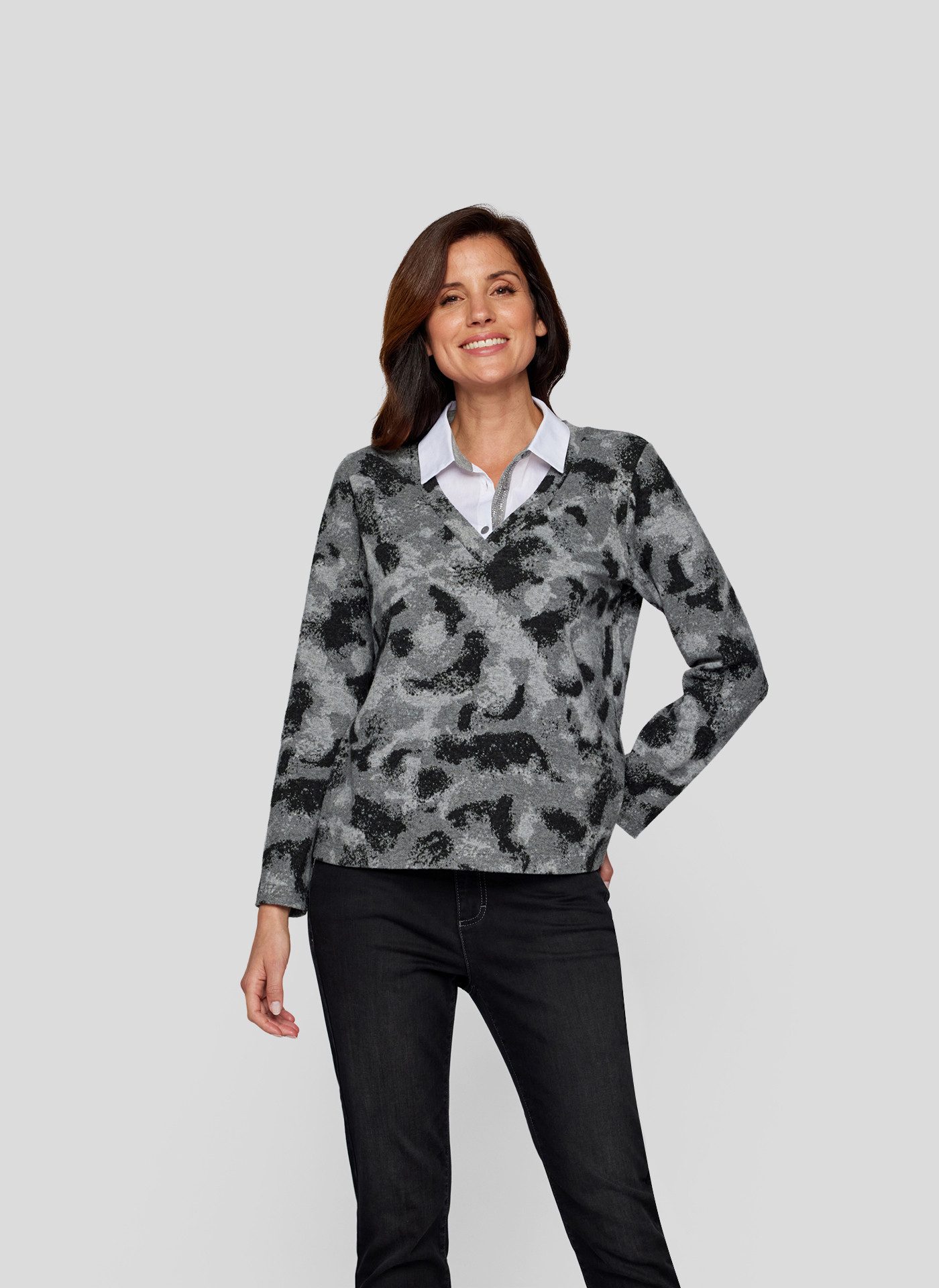 Print-Shirt Rabe Eleganter Two-in-one-Pullover mit Hemdkragen