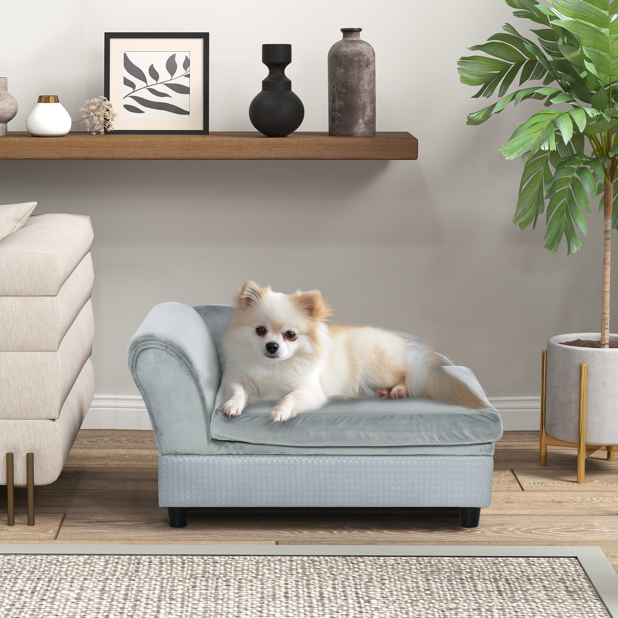 PawHut Tierbett Hundesofa, Hundecouch mit Lagerraum, Rückenlehne, Plüsch, Naturholz+Plüsch Hellgrau 76 x 45 x 43 cm
