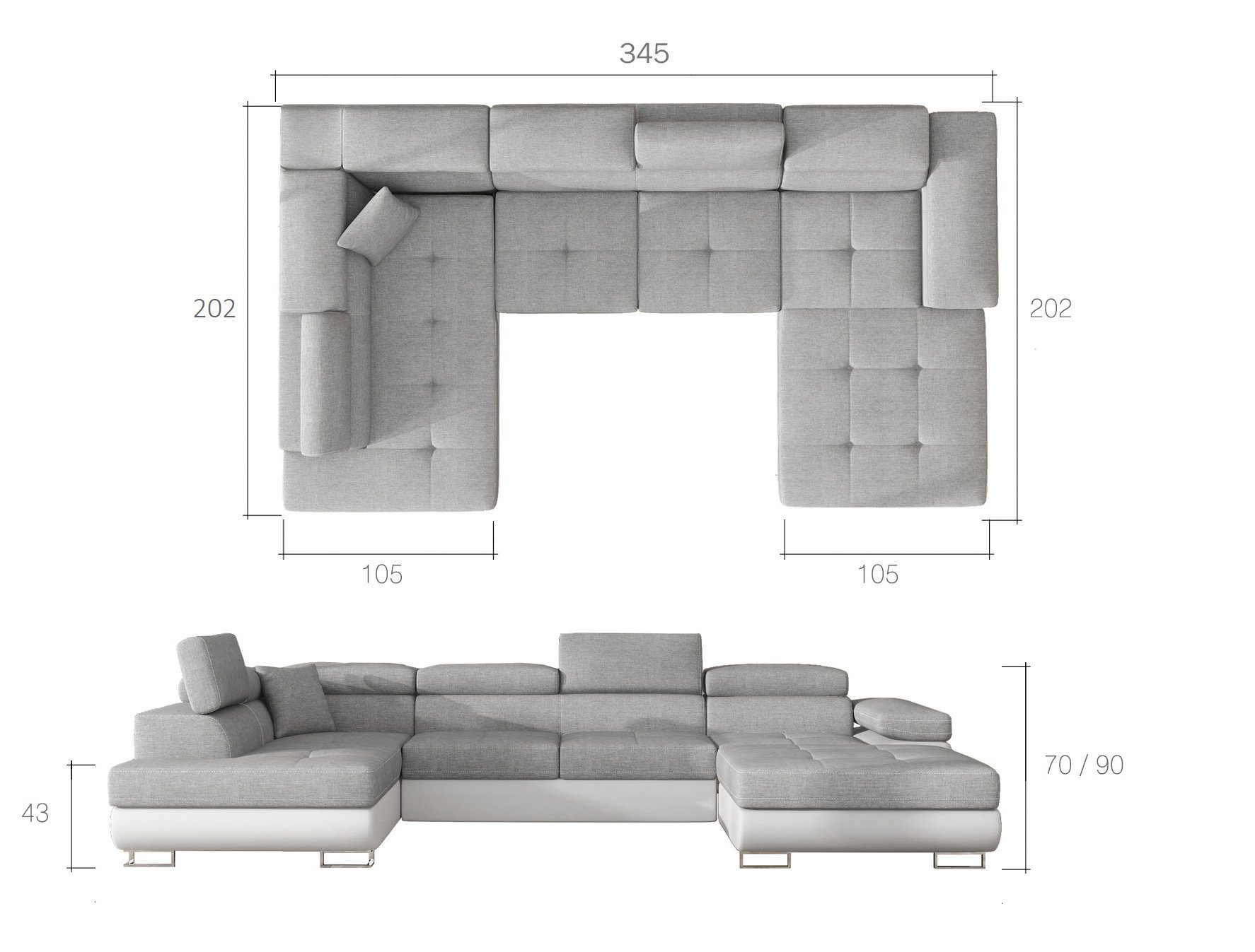 Best for Home Ecksofa Rodrigo, 91 verstellbaren mit Bettfunktion, und Kopfstützen Bettkasten Omega