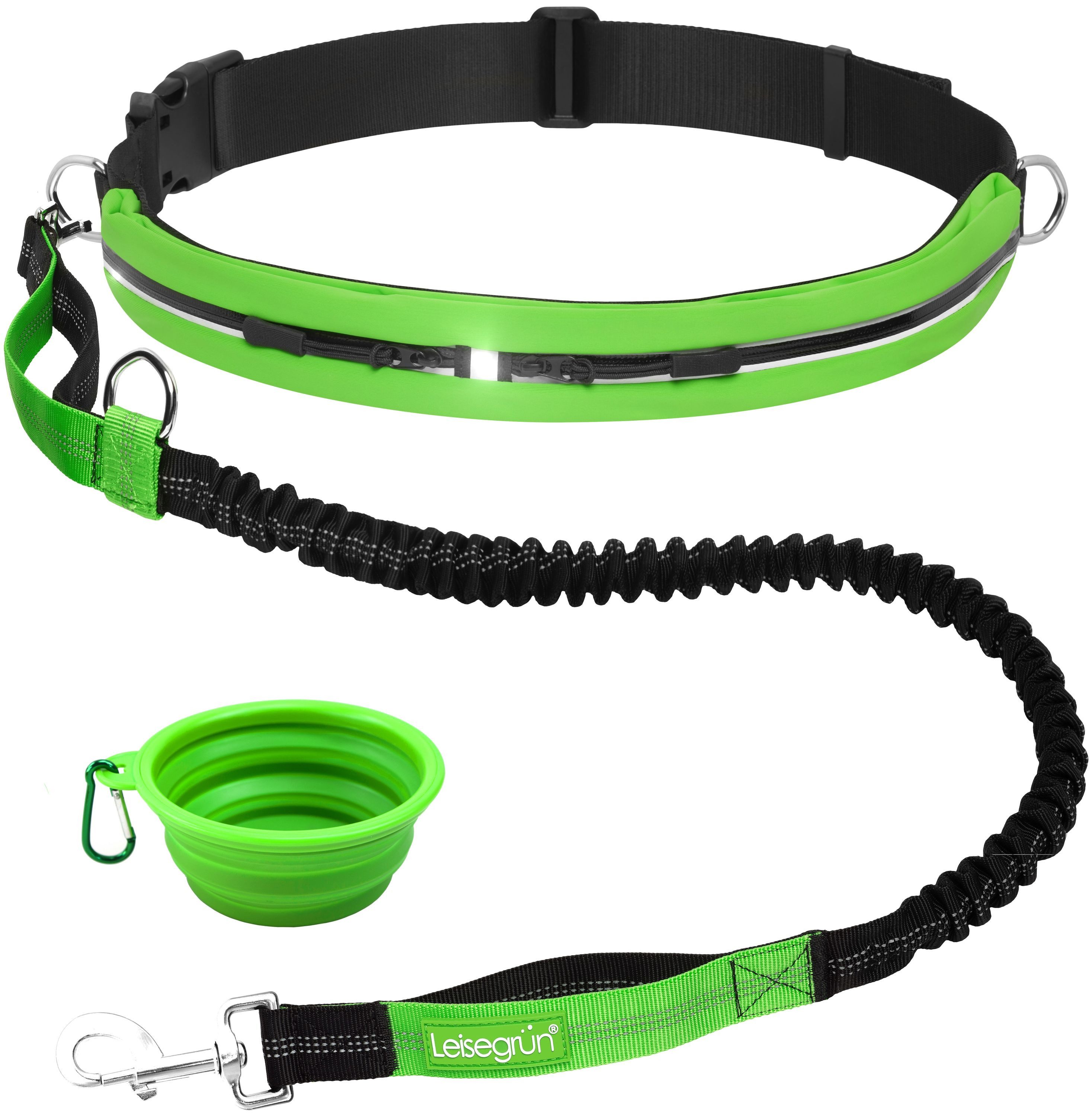 Leisegrün Joggingleine mit Bauchgurt für große Hunde bis 60 kg, elastisch, Nylon, Laufleine, Freihandleine, Ruckdämpfer, reflektierend, 2 Taschen