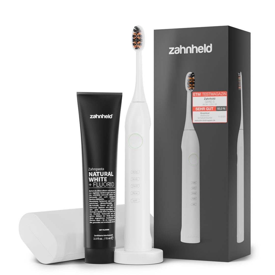 Zahnheld Elektrische Zahnbürste Schallzahnbürste Gero im Set mit Zahnpasta Natural White und Reiseetui, 5 Putzmodi, Zahnpflege Set, weiß, Mundpflege, Reisezahnbürste, Zahnbürste mit Schall, USB Ladestation
