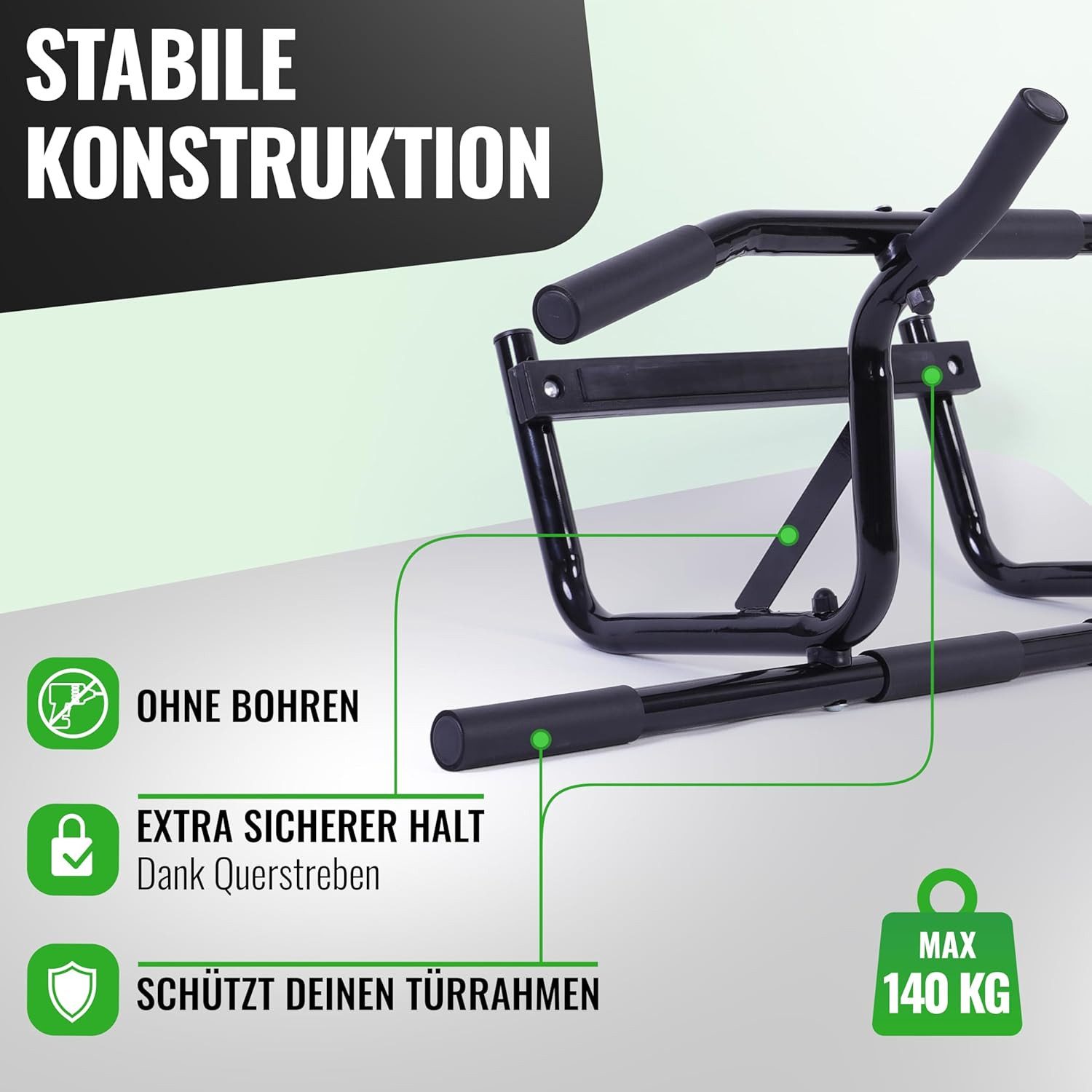AthleticPro Klimmzugstange für den Türrahmen 60 bis 90cm - bis 140KG, ohne Bohren, inkl. Band, Türschonend, Gummigriffe, legierter Stahl