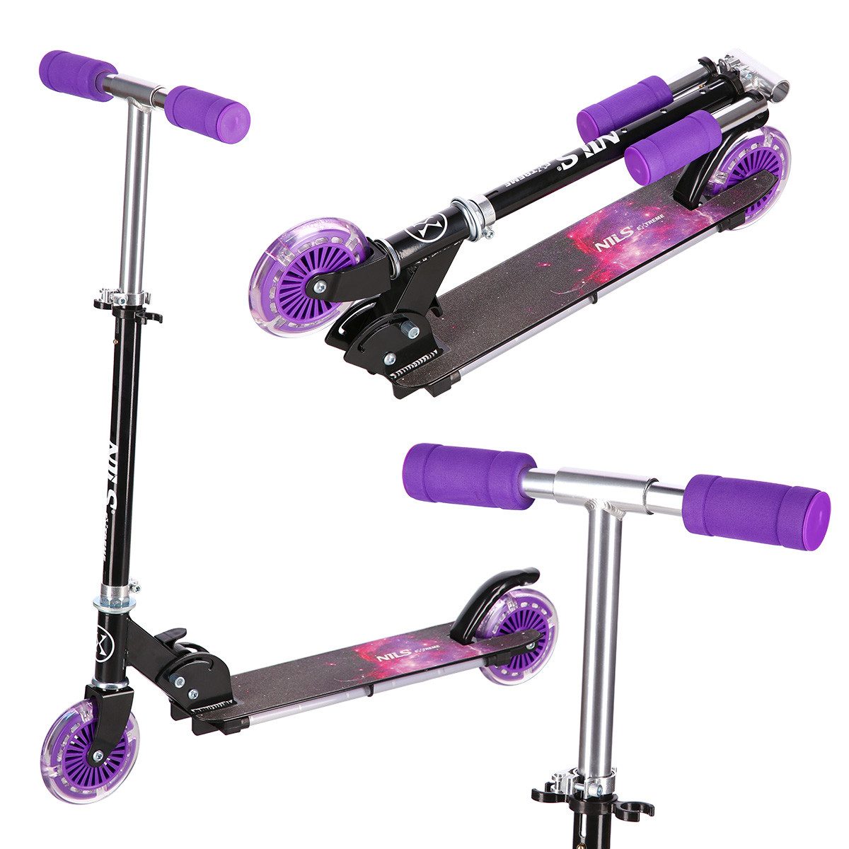 Cityroller Tretroller LED- Reifen Scooter Roller Lila Galaxie