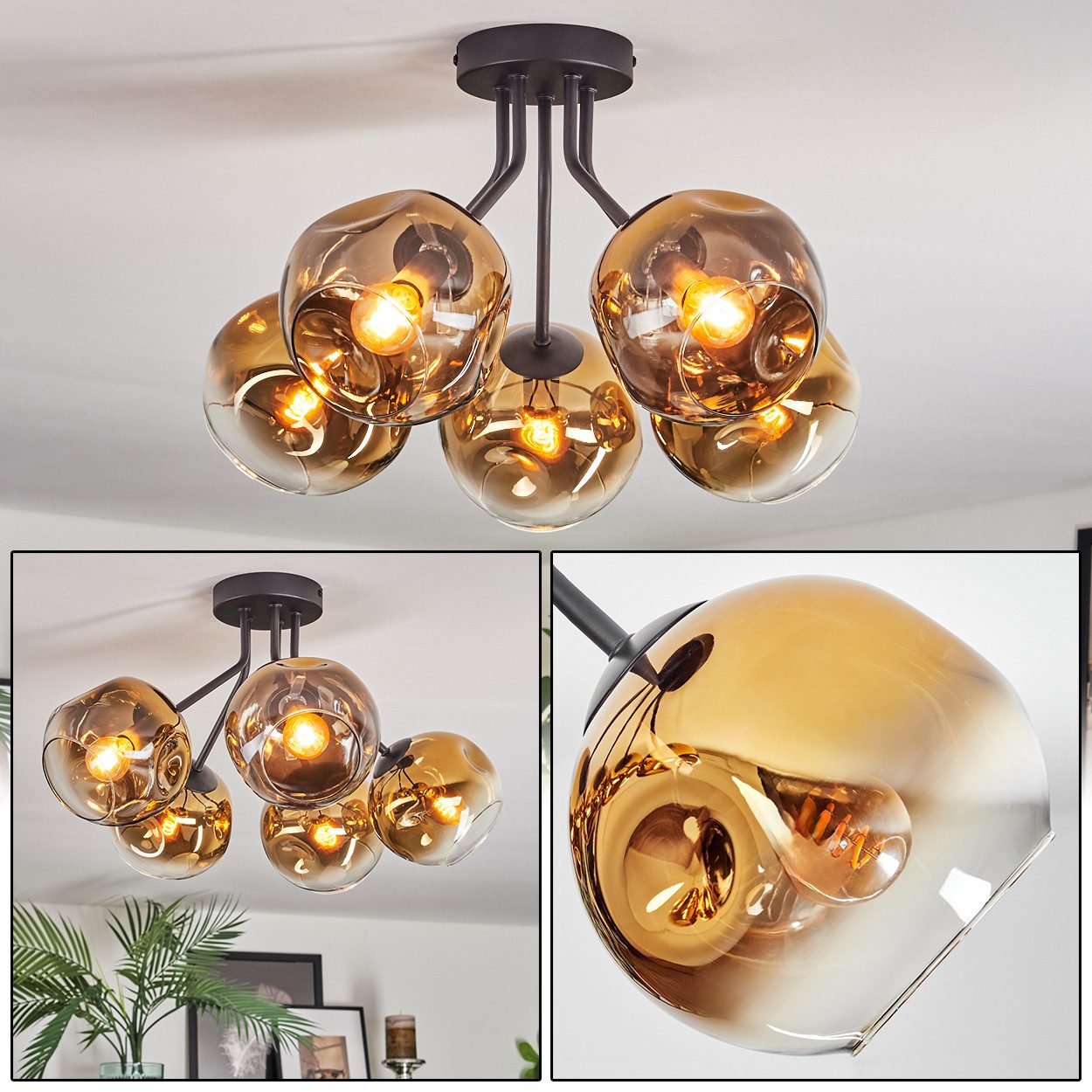 hofstein Deckenleuchte 5-flammige Deckenlampe aus Metall/Glas in Schwarz/Gold/Klar, moderne Leuchte im Retro/Vintage-Design (Schirme Ø 15 cm), E14, Flur