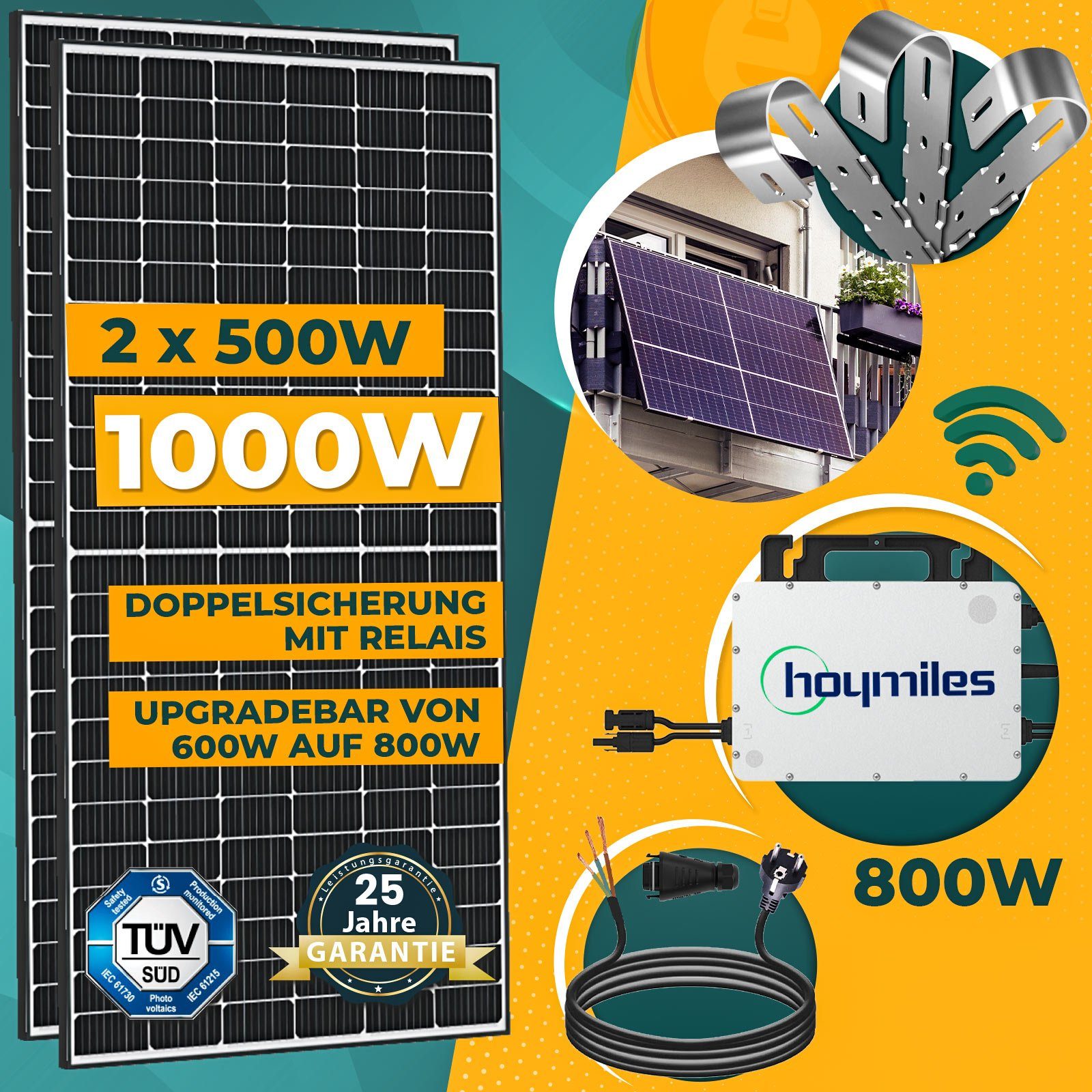 WIFI Rund Komplettset inkl. Balkonkraftwerk 5M Balkongeländer Hoymiles Stecker und Solarmodule, enprovesolar Wechselrichter, HMS-800W-2T Schuko 1000W Solaranlage PV-Montage 500W Upgradefähiger