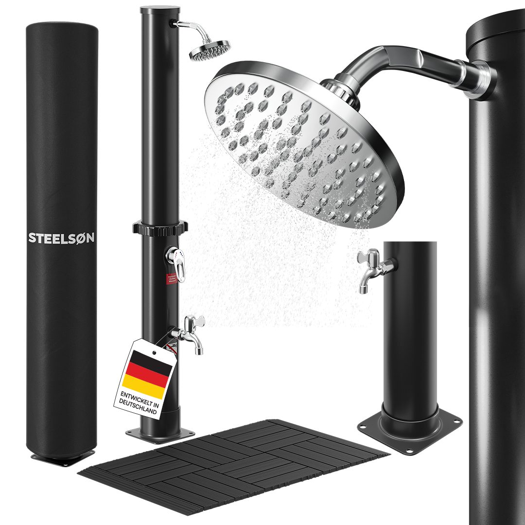 STEELSØN Solardusche Velion 20/40 Liter, warmes Wasser bis 60 °C (auch ohne Boden oder mit 40L Fassungsvermögen verfügbar), Gartendursche, schwenkbarer Kopf