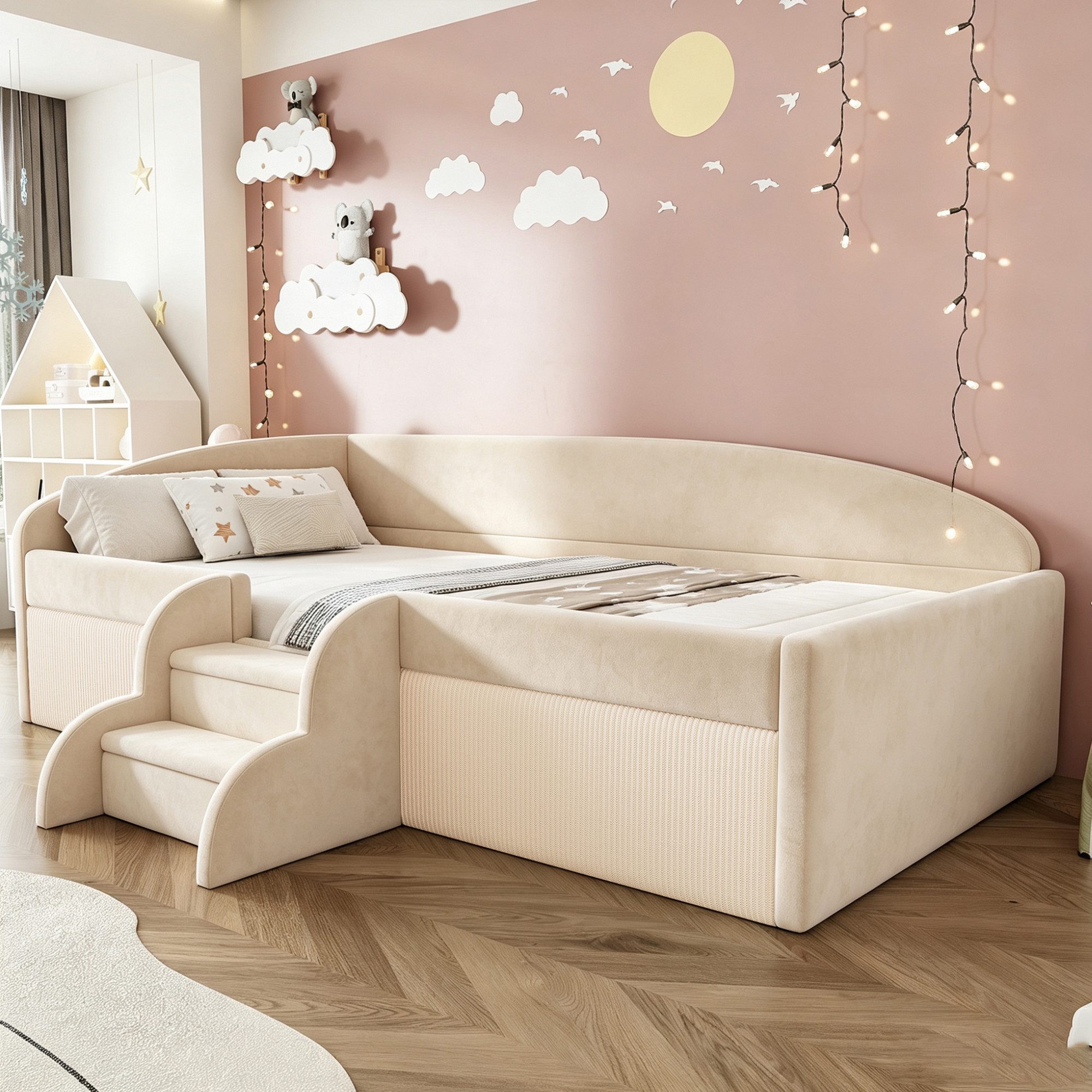 Flieks Polsterbett, Kinderbett Schlafsofa Einzelbett 90x190cm mit Treppe und Lattenrost