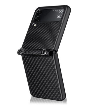 Wigento Handyhülle Für Samsung Galaxy Z Flip3 5G Carbon Design Kunststoff Hart Cover mit Halteschlaufe Handy Tasche Hülle Etuis Schwarz