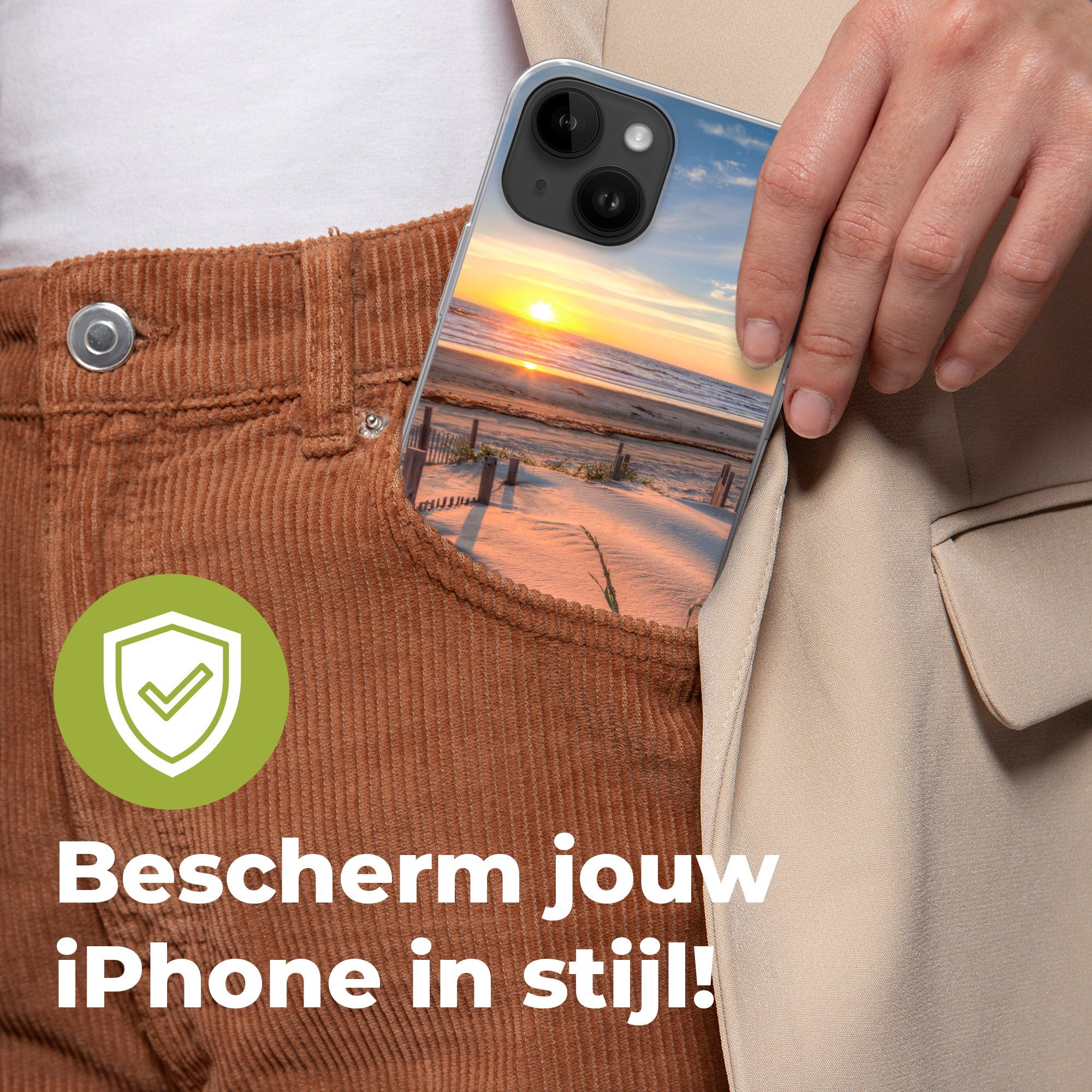 MuchoWow Handyhülle für Apple iPhone 14 Strand - Meer - Düne - Sonnenuntergang - Landschaf, Smartphone-Bumper, Print, Handy Schutzhülle Dünn