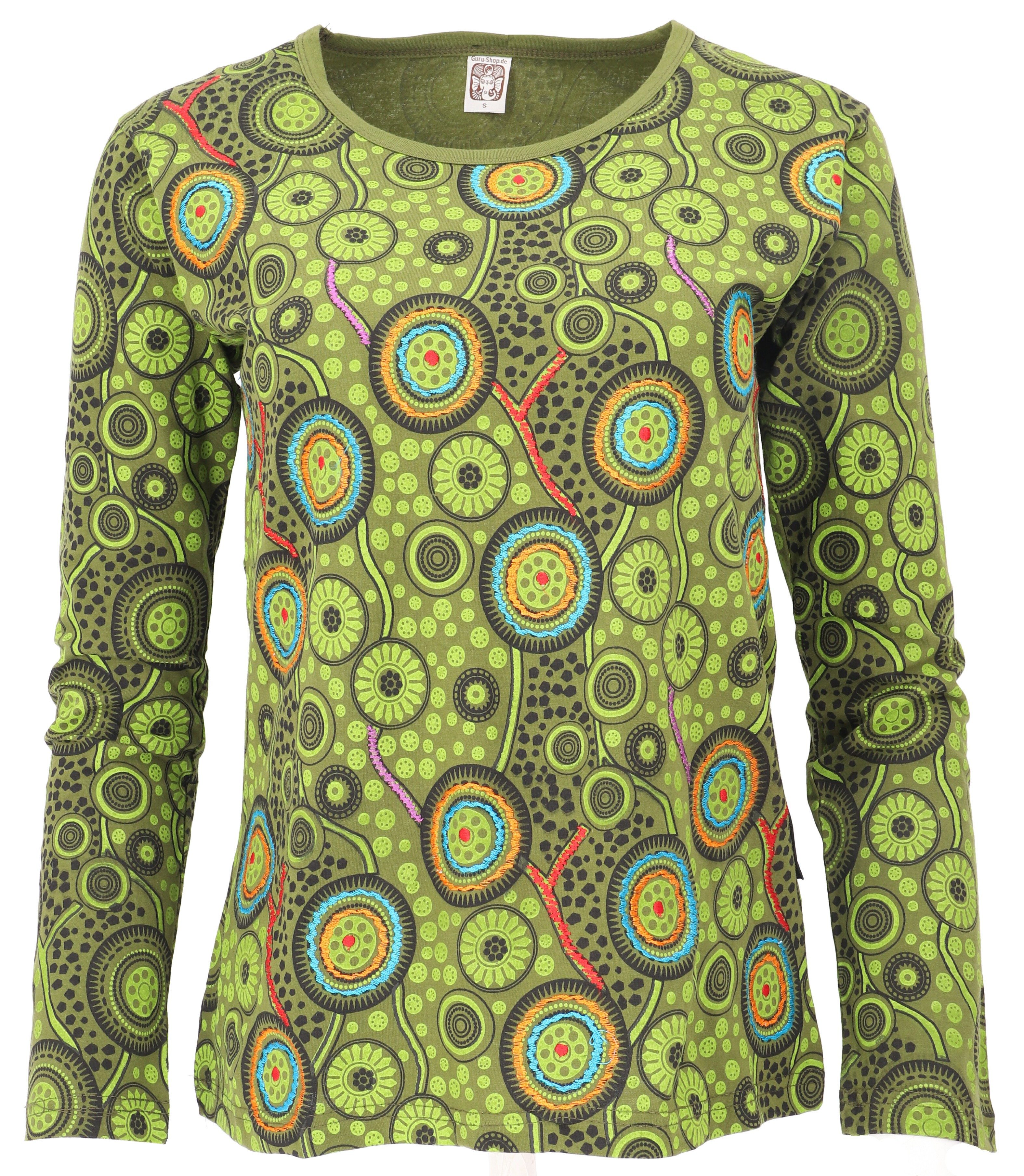 Guru-Shop Longsleeve Besticktes Langarmshirt Hippie chic Retro - grün alternative Одежда
