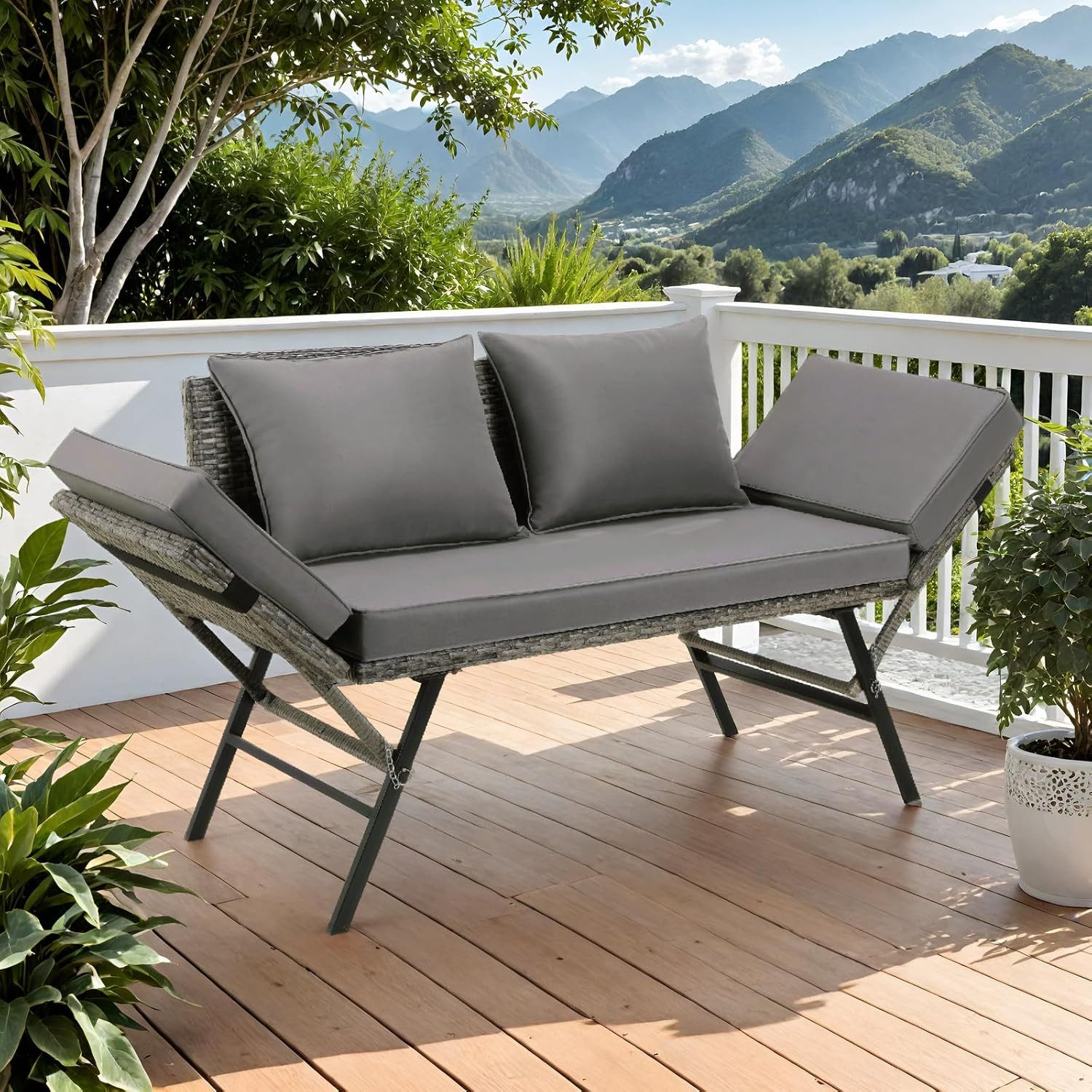 TLGREEN Gartenbank mit Liegefunktion,Gartenmöbel Rattan Balkonmöbel