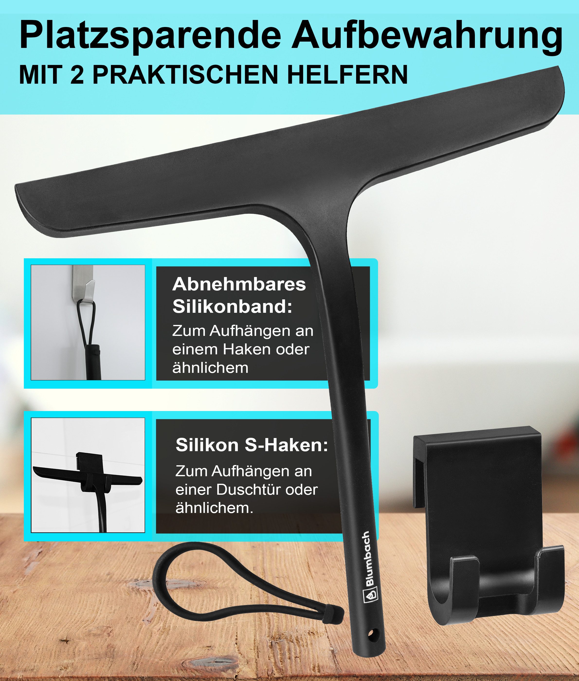 Blumbach Duschabzieher - Silikon Abzieher mit Edelstahlkern, elastisches Wischblatt 28 cm, (Abzieher Dusche mit 2 Halterungen), Premium Duschabzieher 28 cm – Bild 4 von 5