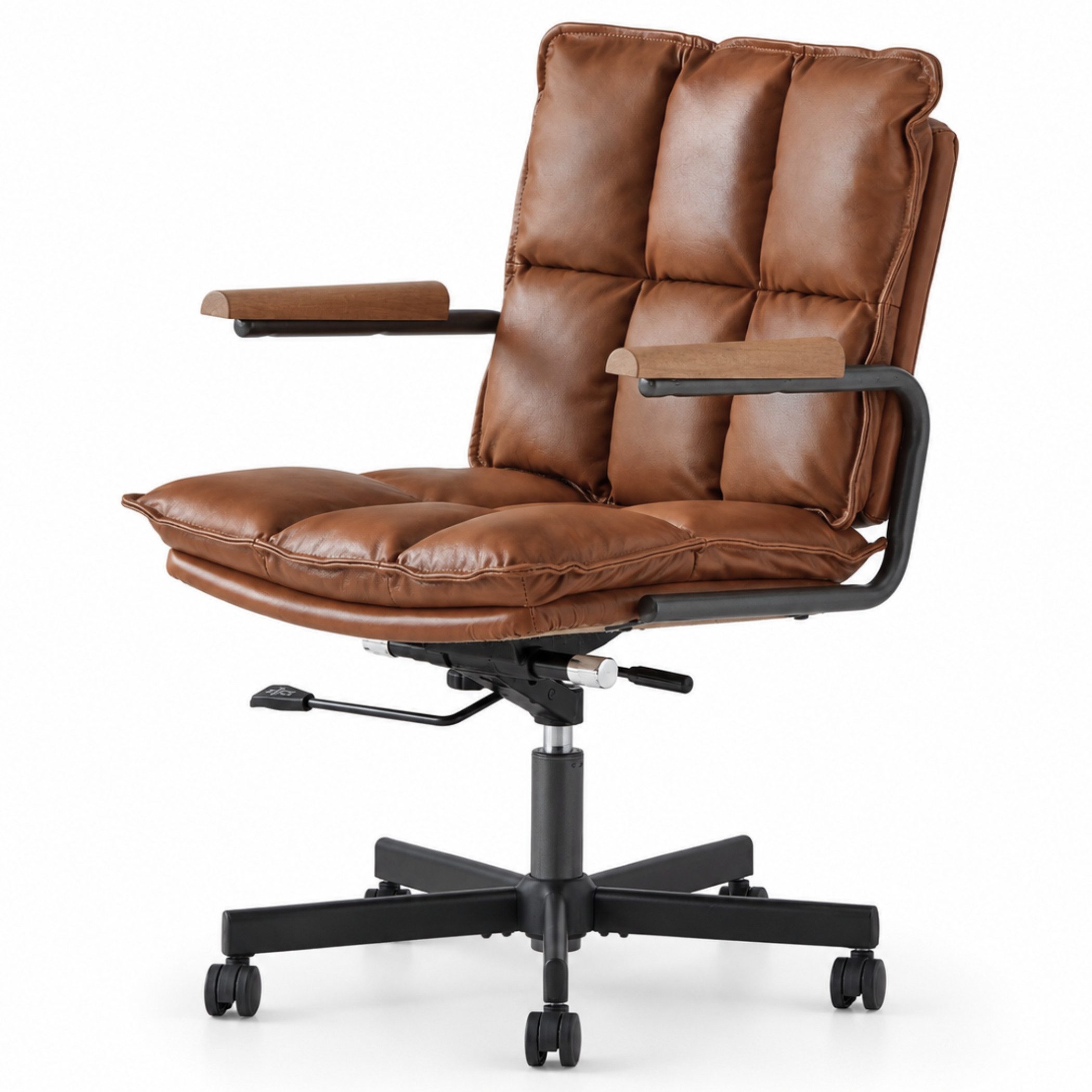 SeedWave Bürostuhl Höhenverstellbarer Drehstuhl mit Eichenholz-Armlehnen, 136kg belastbar, Industrial Design, Echtleder Schreibtischstuhl mit Wippfunktion