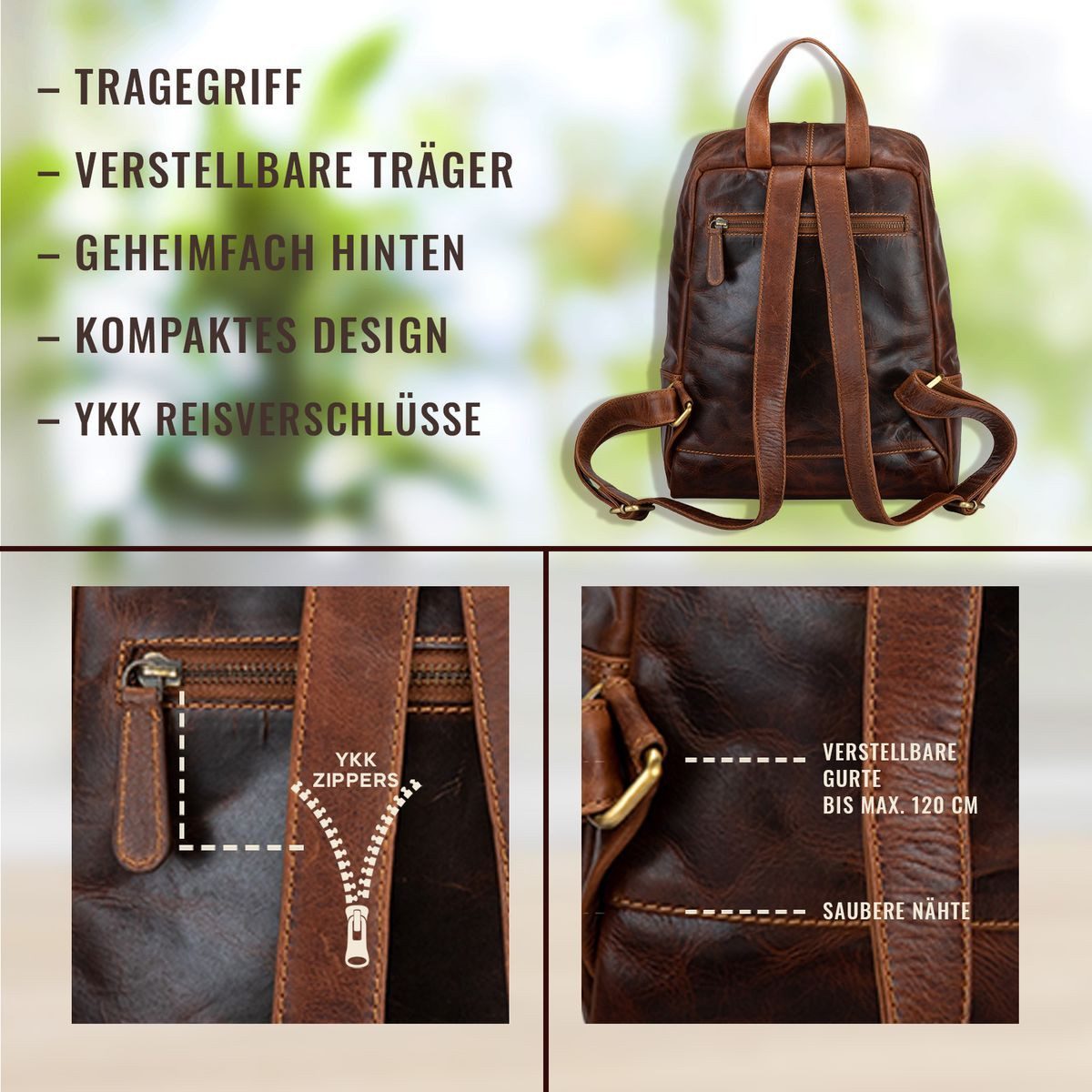 Corno d´Oro Cityrucksack Premium Rucksack Damen Leder Mittelgroß Lederrucksack Vintage Braun, Handmade, für 14 Zoll Laptop, leichtes Gewicht - nur 690gr.
