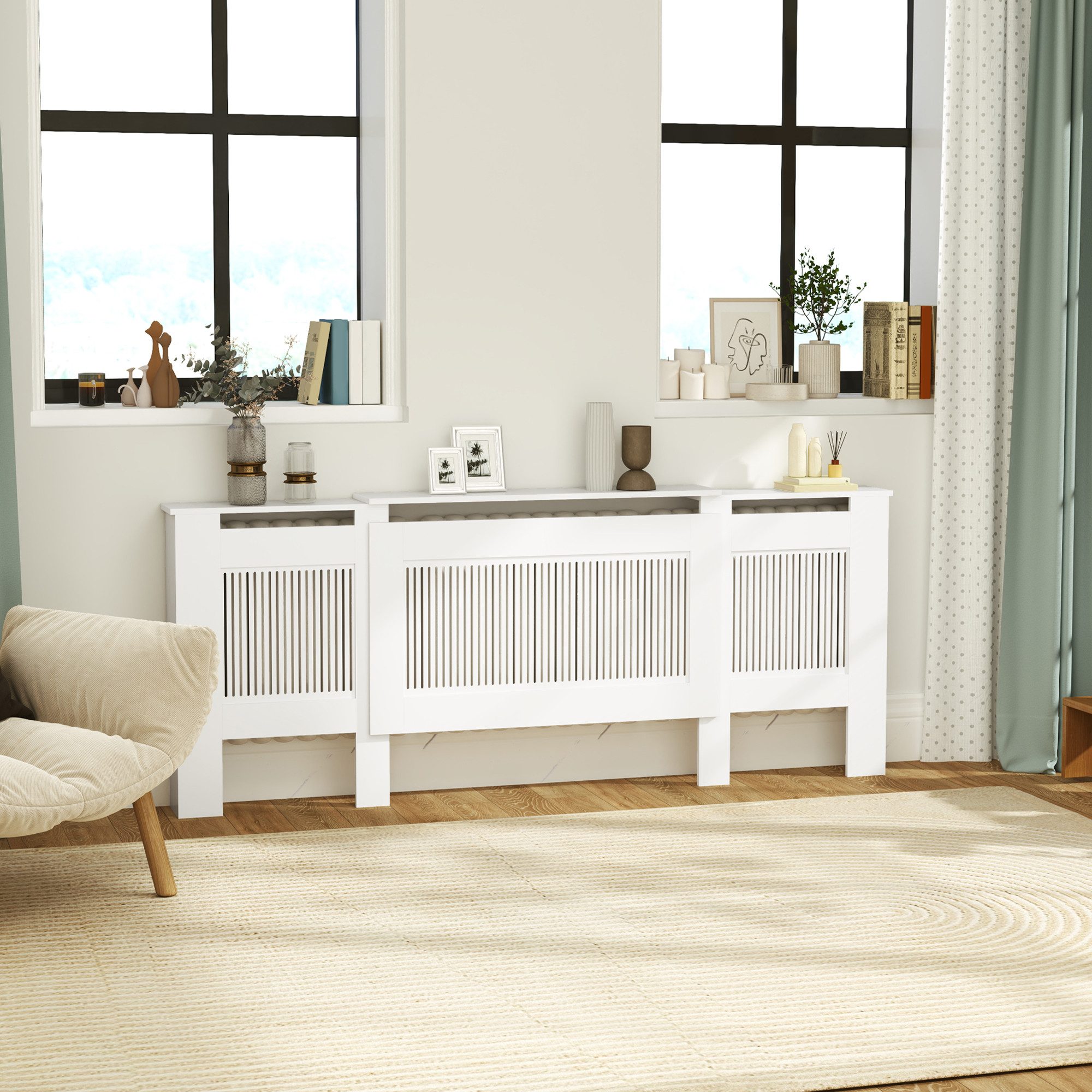 HOMCOM Heizungsverkleidung ausziehbar Heizkörperabdeckung mit Ablage, Lamellen, Zubehör für Heizkörper, Heizkörper Abdeckung 125-201 x 19 x 81,5 cm Weiß