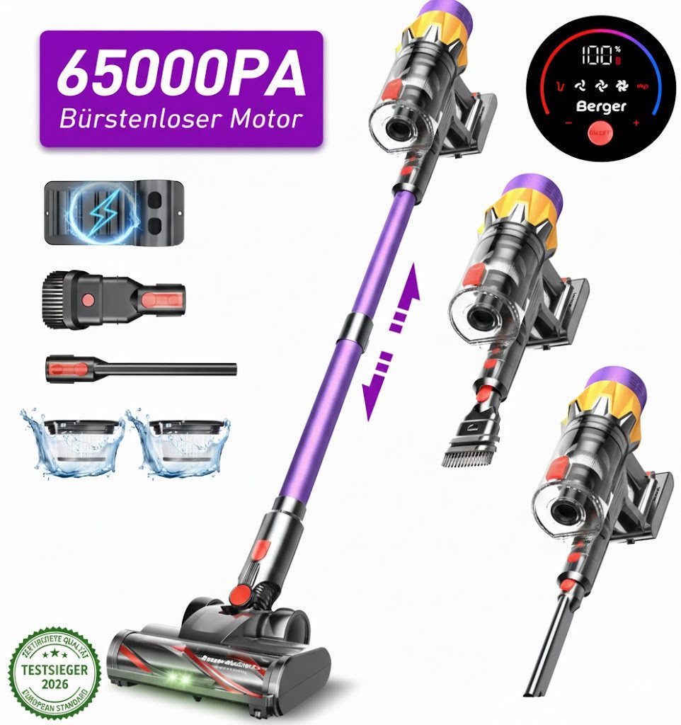 BERGER ELECTRONICS Akku-Stielstaubsauger Akku Staubsauger, Staubsauger Kabellos, 65000 Pa/600W, 70min Laufzeit, beutellos, V15 Staubsauger, Hochwertige Verarbeitung, Kabelloser Staubsauger
