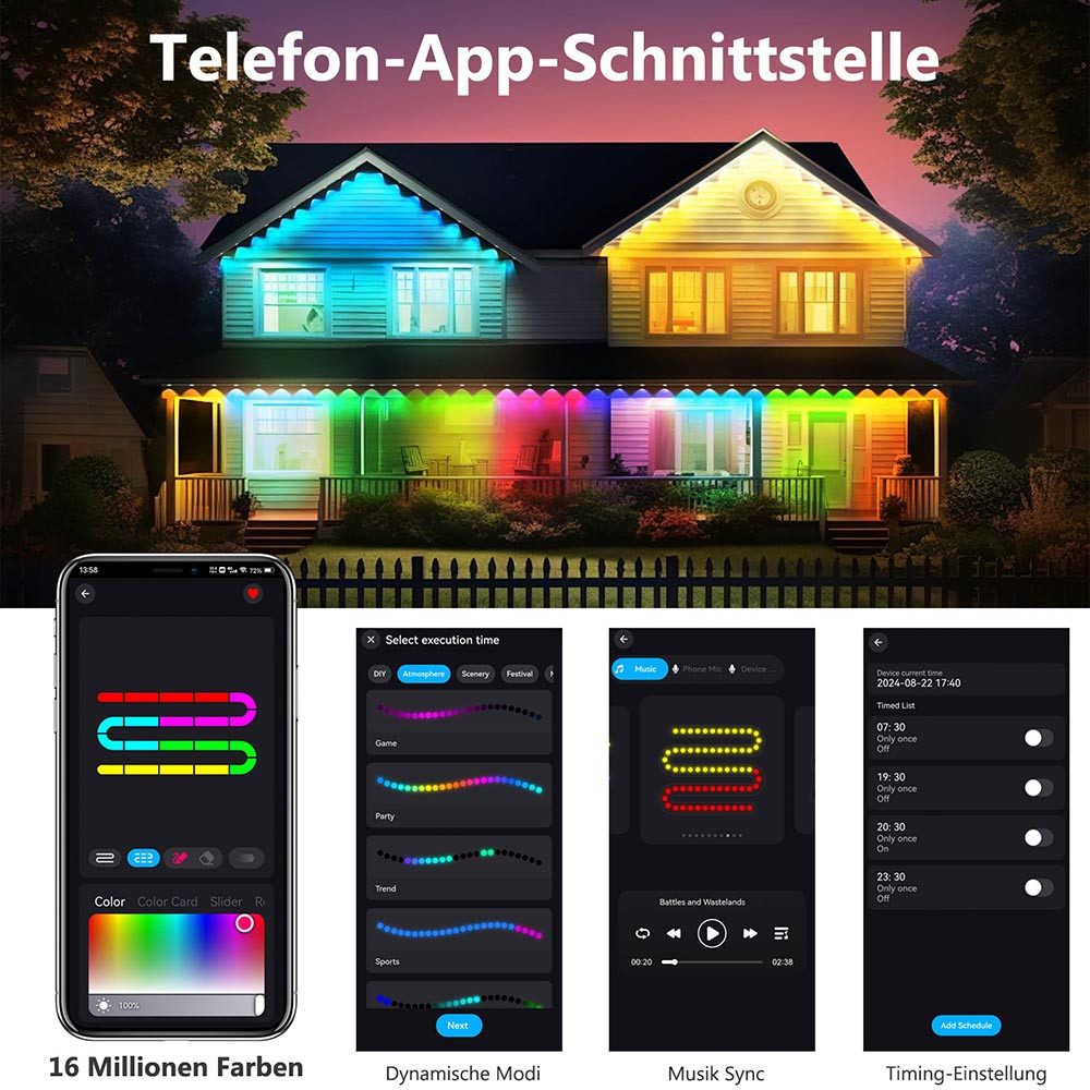 Sunicol LED Stripe Smart RGBIC Wasserdicht Permanente Außenbeleuchtung, 15M/30M/45M, Musik Sync, Timer, APP & Fernsteuerung LED Strip für Garten, Party – Bild 4 von 5