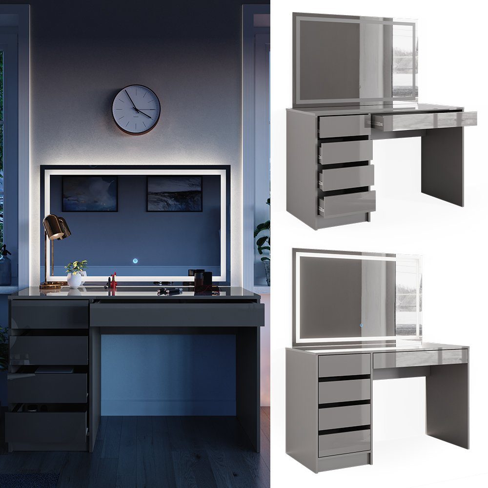 Vicco Schminktisch Sherry, Grau, 120 cm mit LED-Spiegel günstig online kaufen