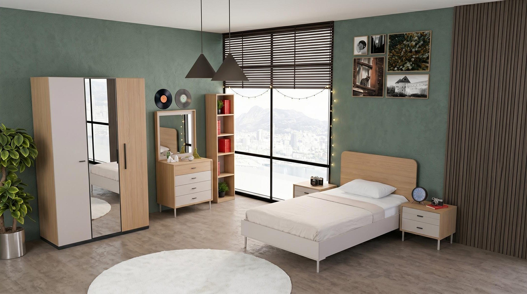 Xlmoebel Kleiderschrank Braun-weißes Jugendzimmer mit Bett, Nachttischen und Kleiderschrank