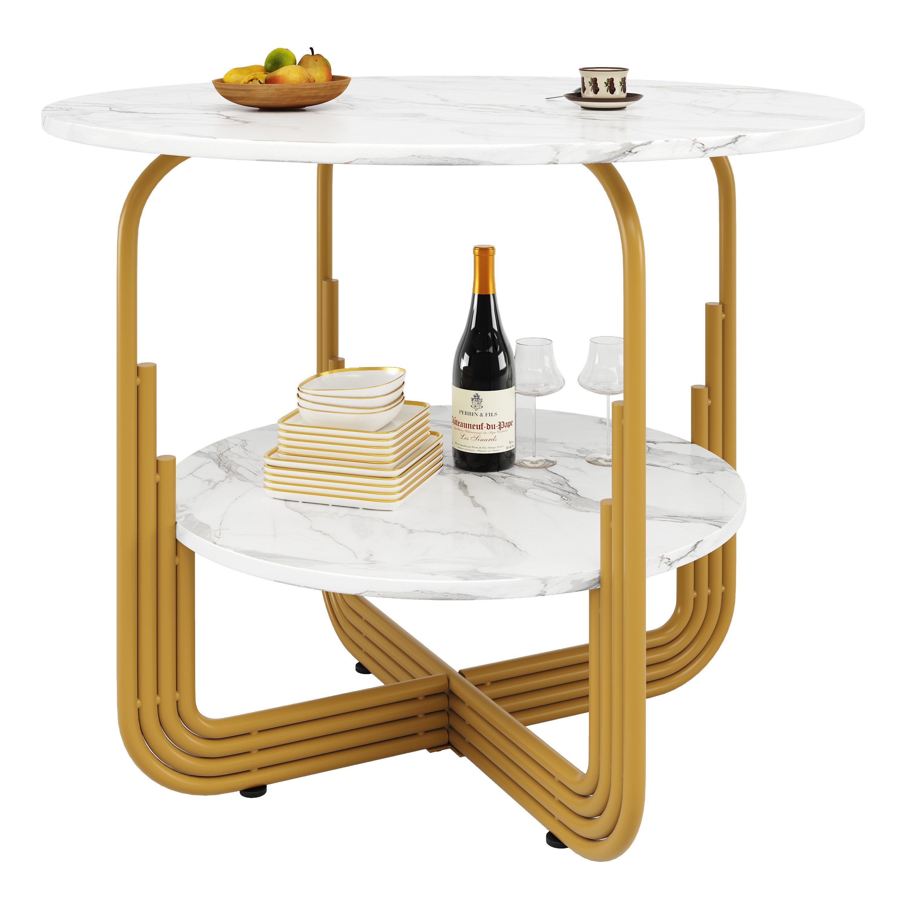 KLAM HOME Esstisch Runder Esstisch (80×80×76cm), Küchen-Esstisch, runder Couchtisch (Kleine runde Platte in der Mitte zur Aufbewahrung), MDF-Marmor-Tischplatte, geeignet für Esszimmer, Wohnzimmer
