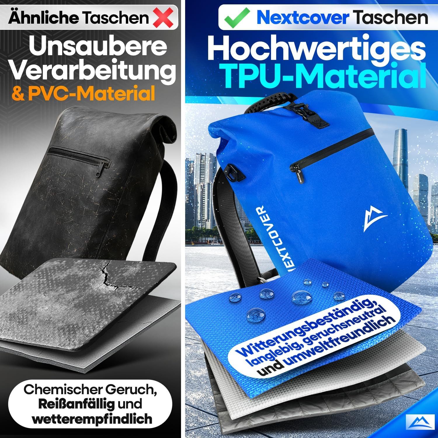 Nextcover Fahrradtasche TPU Fahrradtasche NEU 3in1 Fahrradtasche für Gepäckträger -wasserdicht