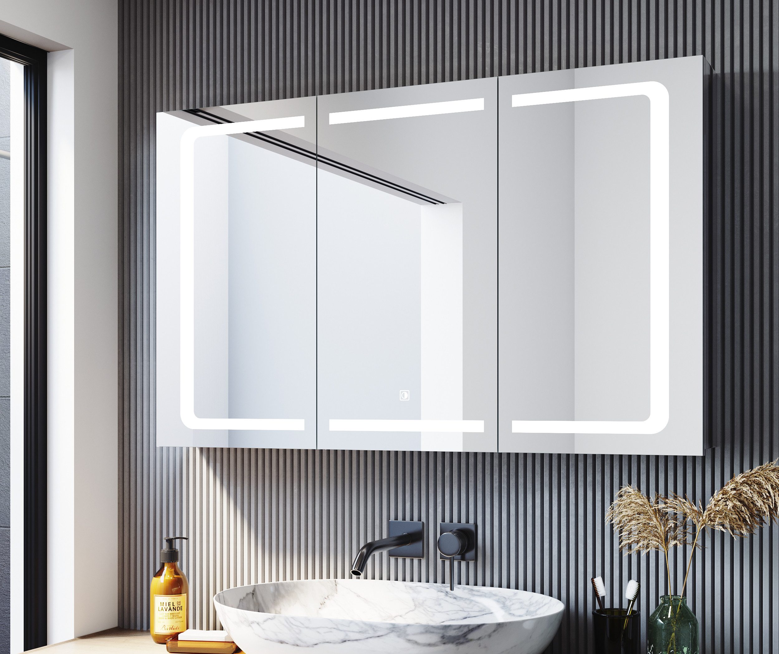 SONNI Spiegelschrank Edelstahl Badezimmerschrank mit LED-Beleuchtung 105x65cm Touch-Sensor, IP44 wasserfest & korrosionsbeständig