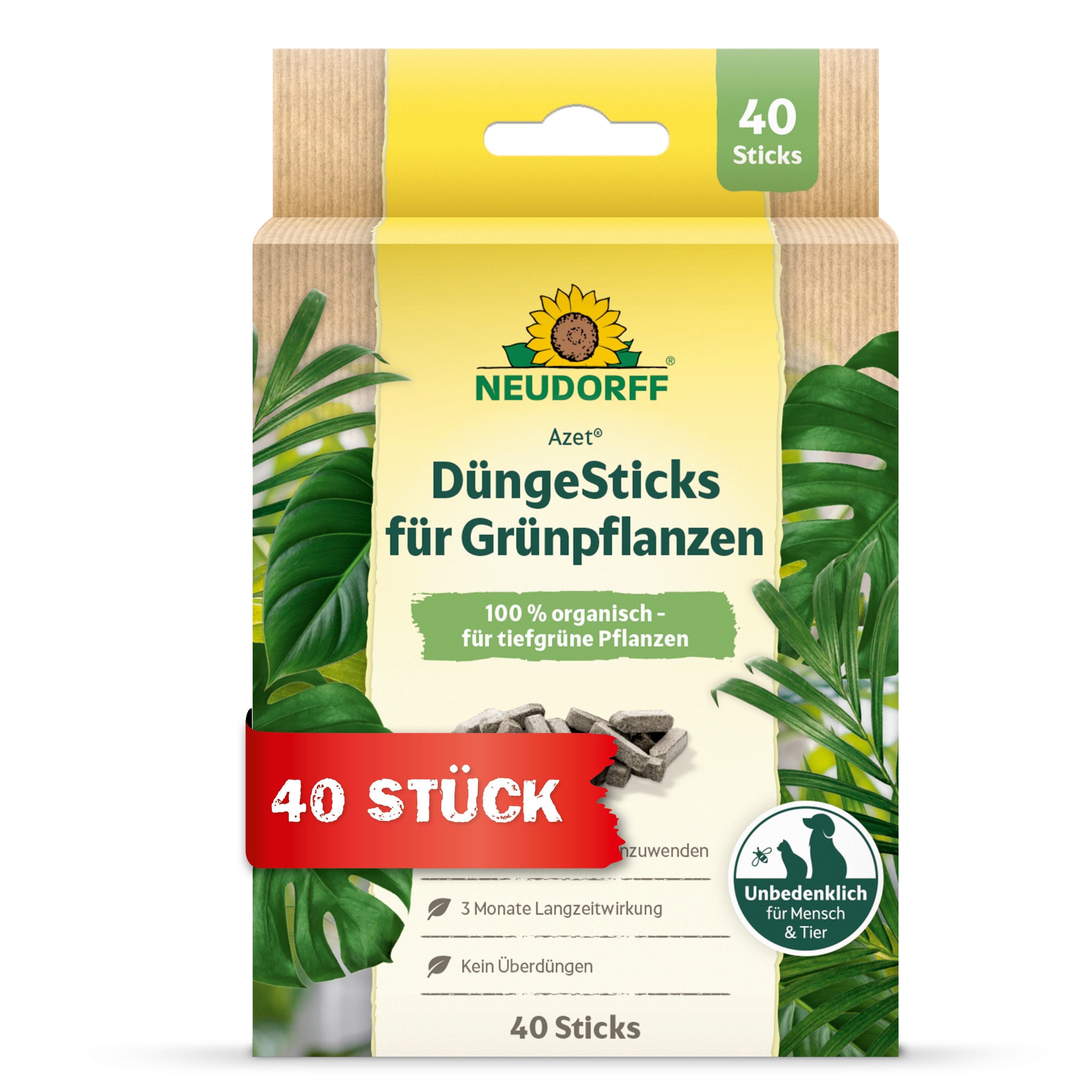 Neudorff Pflanzendünger Azet DüngeSticks für Grünpflanzen 40 Sticks, Organische Düngestäbchen speziell für Grünpflanzen, Mit Mikroorganismen & Mykorrhiza für bessere Nährstoffaufnahme, Bis zu 100 Tage Nährstoffversorgung für Grünpflanzen