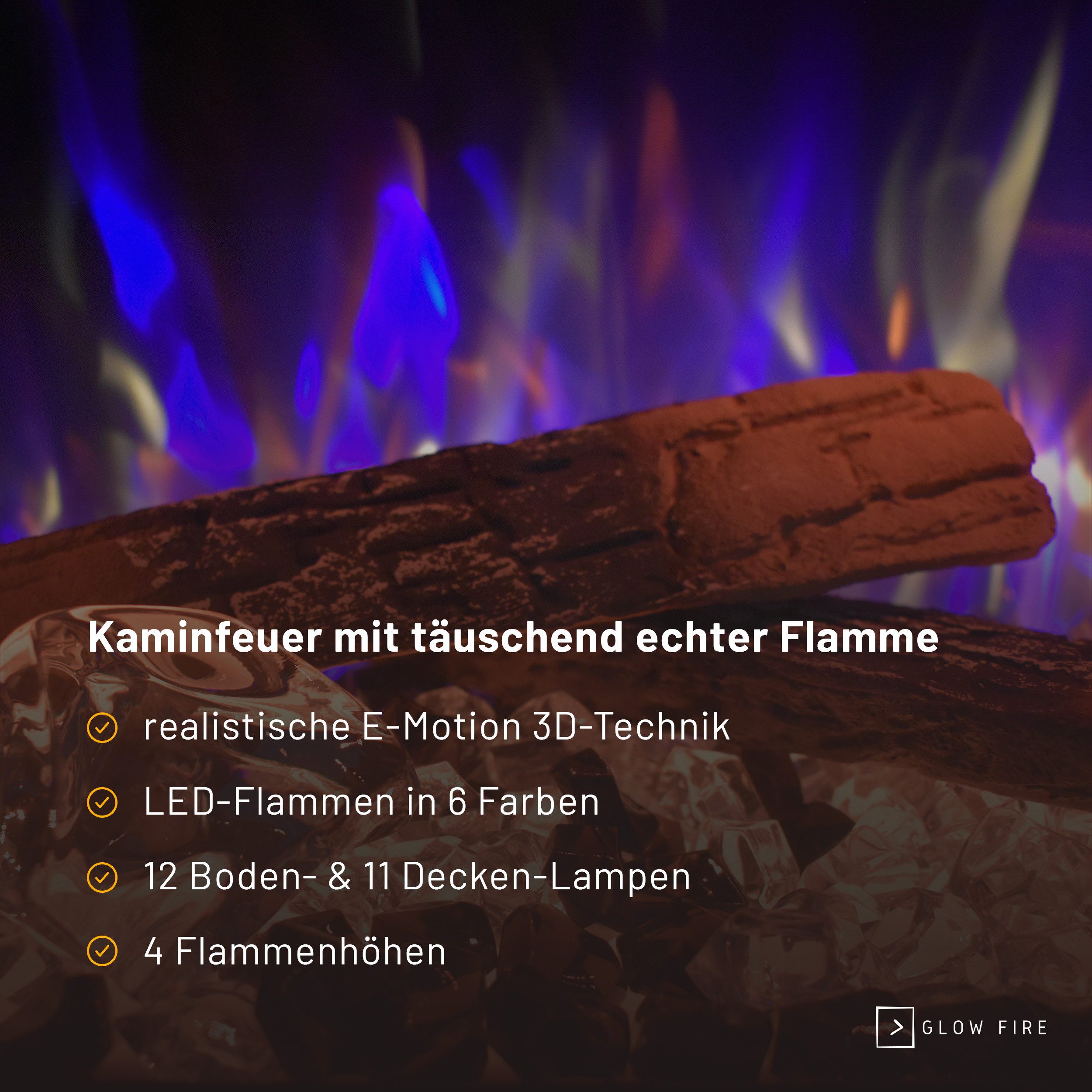 GLOW FIRE Elektrokamin PR9 E-Motion 3D, Elektrischer Kamin mit 3D Feuer mit Heizung, täuschend echte Flamme mit Heizung, 3 Dekorationen
