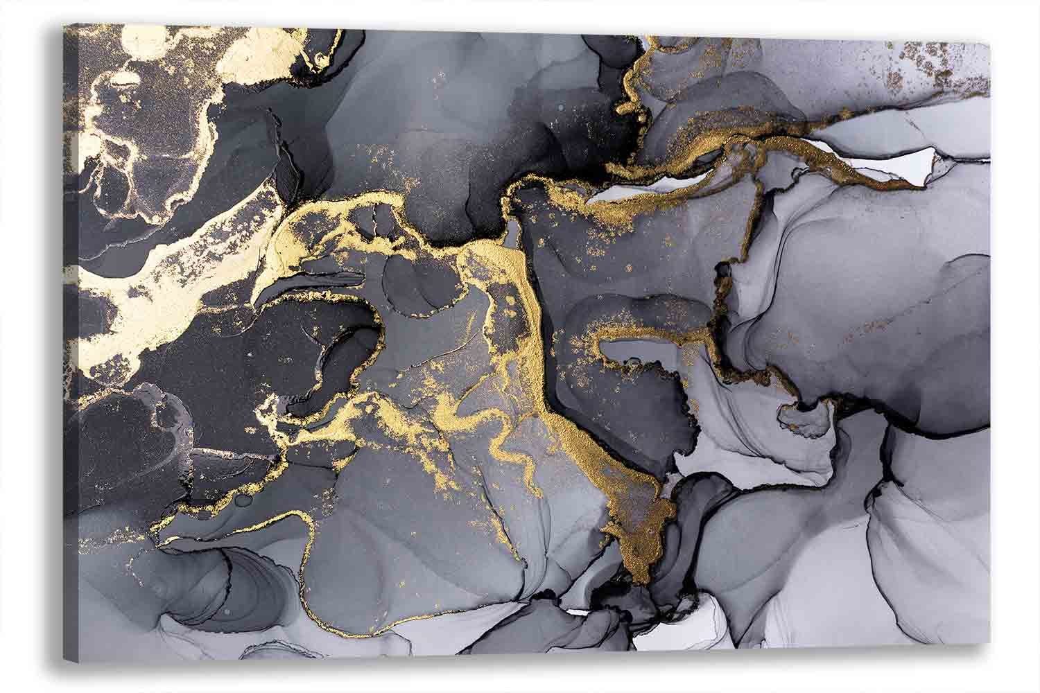 Leinwando Gemälde Wandbild Abstrakt / Abstraktes Liquid - Grau-Gold - Quer