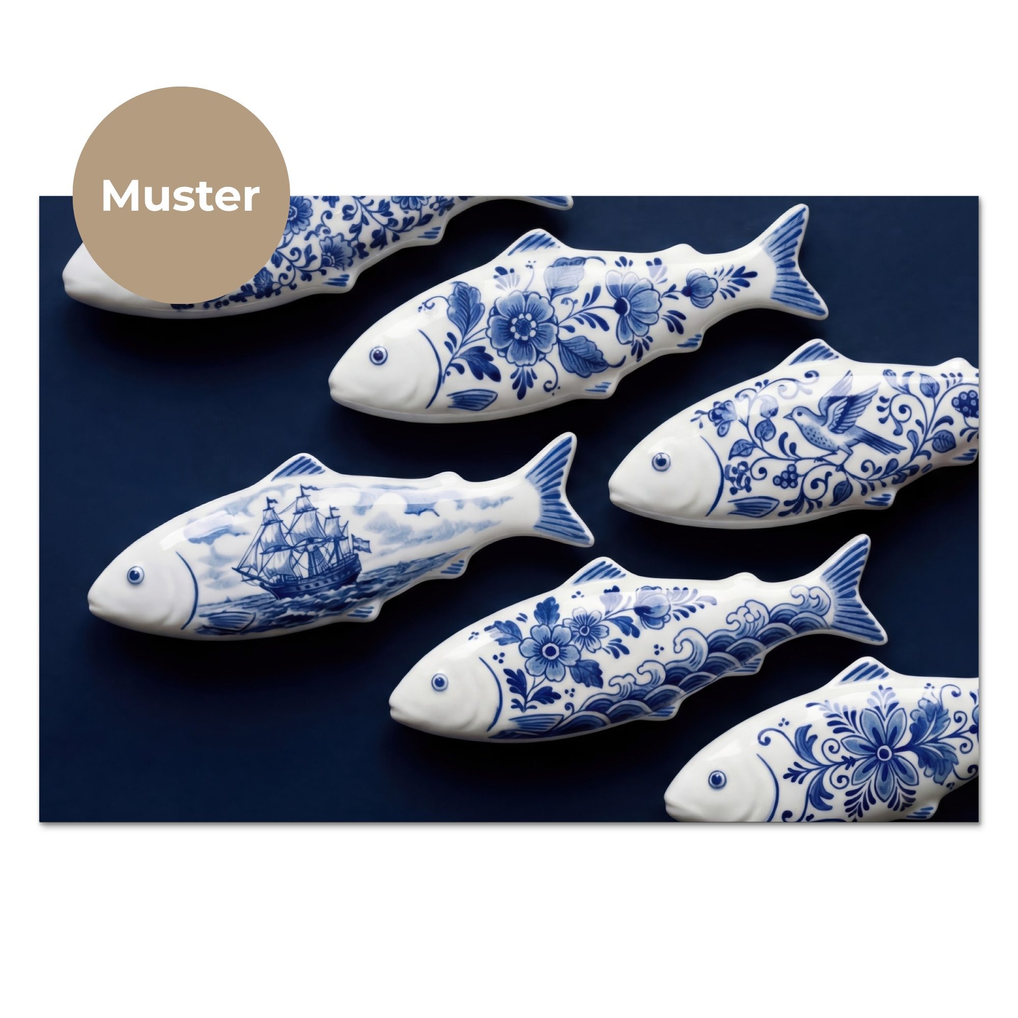 KitchenYeah Küchenrückwand Muster selbstklebend (keine Folie) Fisch - Delfter Porzellan - Keramik, (1-tlg), Spritzschutz, Küche, Rückwand, Küchenwand, Küchenfront, 30x20 cm