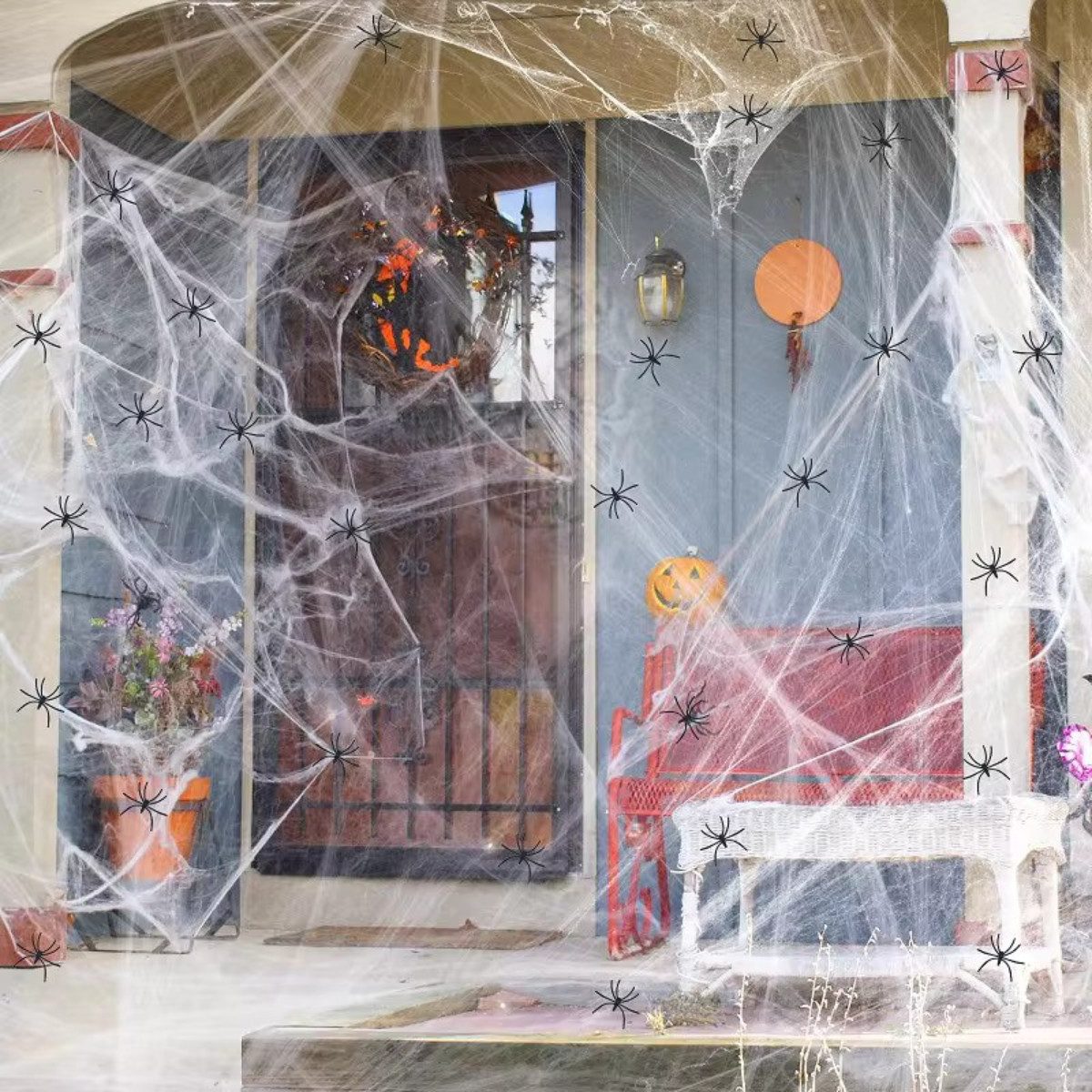 Dekohänger Hängedekoration Spinnennetz Halloween Deko 100G weiß mit 30 Spinnen