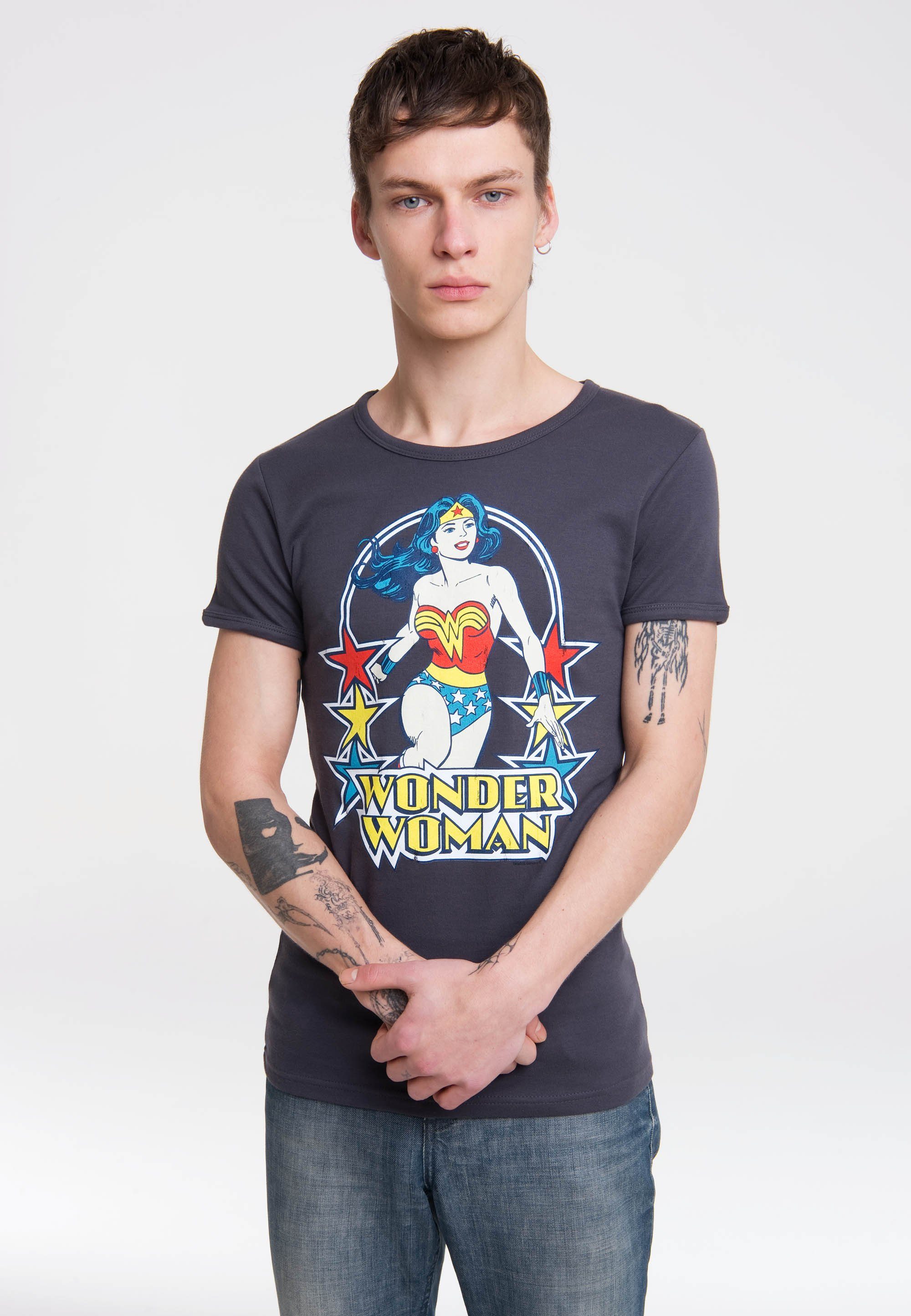 LOGOSHIRT T-Shirt Wonder Woman mit rundem Ausschnitt grau