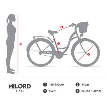 MILORD BIKES Cityrad Milord Komfort City Fahrrad mit Weidenkorb Retro Damenfahrrad, 28/26 Zoll, Braun, 7-Gang Shimano, 7 Gang, Kettenschaltung