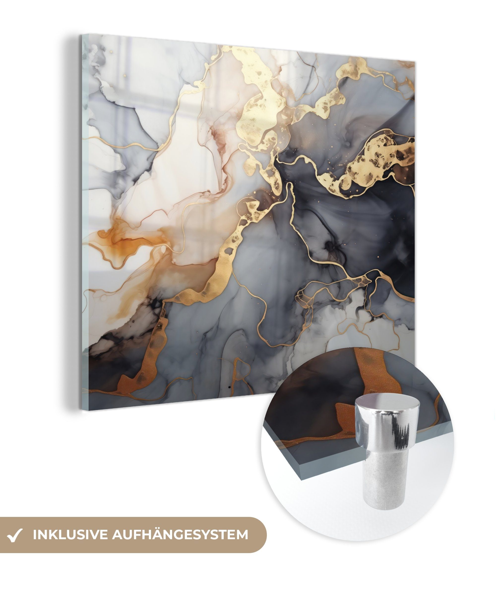 MuchoWow Acrylglasbild Marmor - Schwarz - Gold - Weiß, Inkl. Aufhängung, Bilder auf Glas Wandbild, Wanddeko Wohnzimmer Badezimmer, 20x20 cm