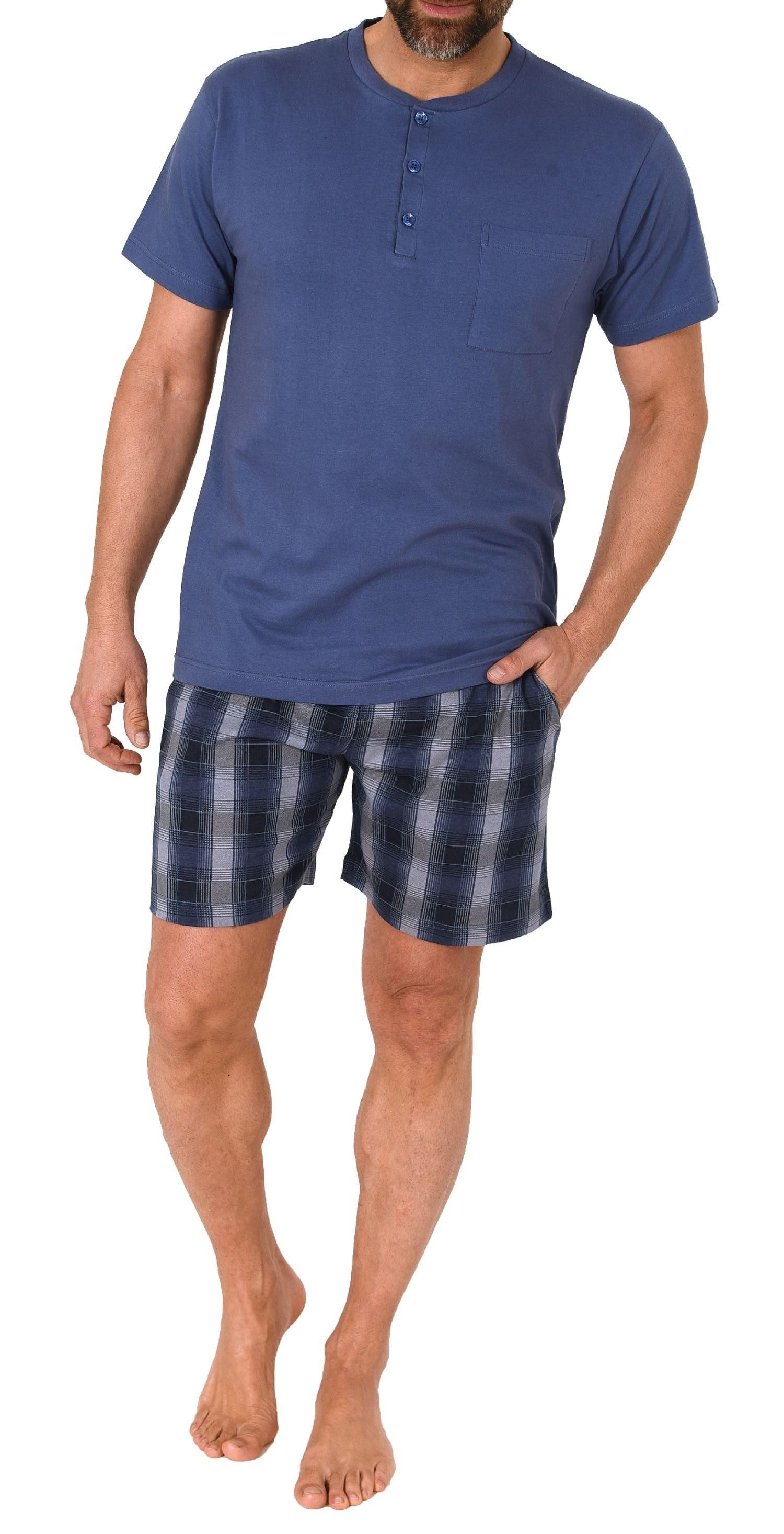 Normann Pyjama Herren Kurzarm Schlafanzug Shorty mit karierter Jersey Hose