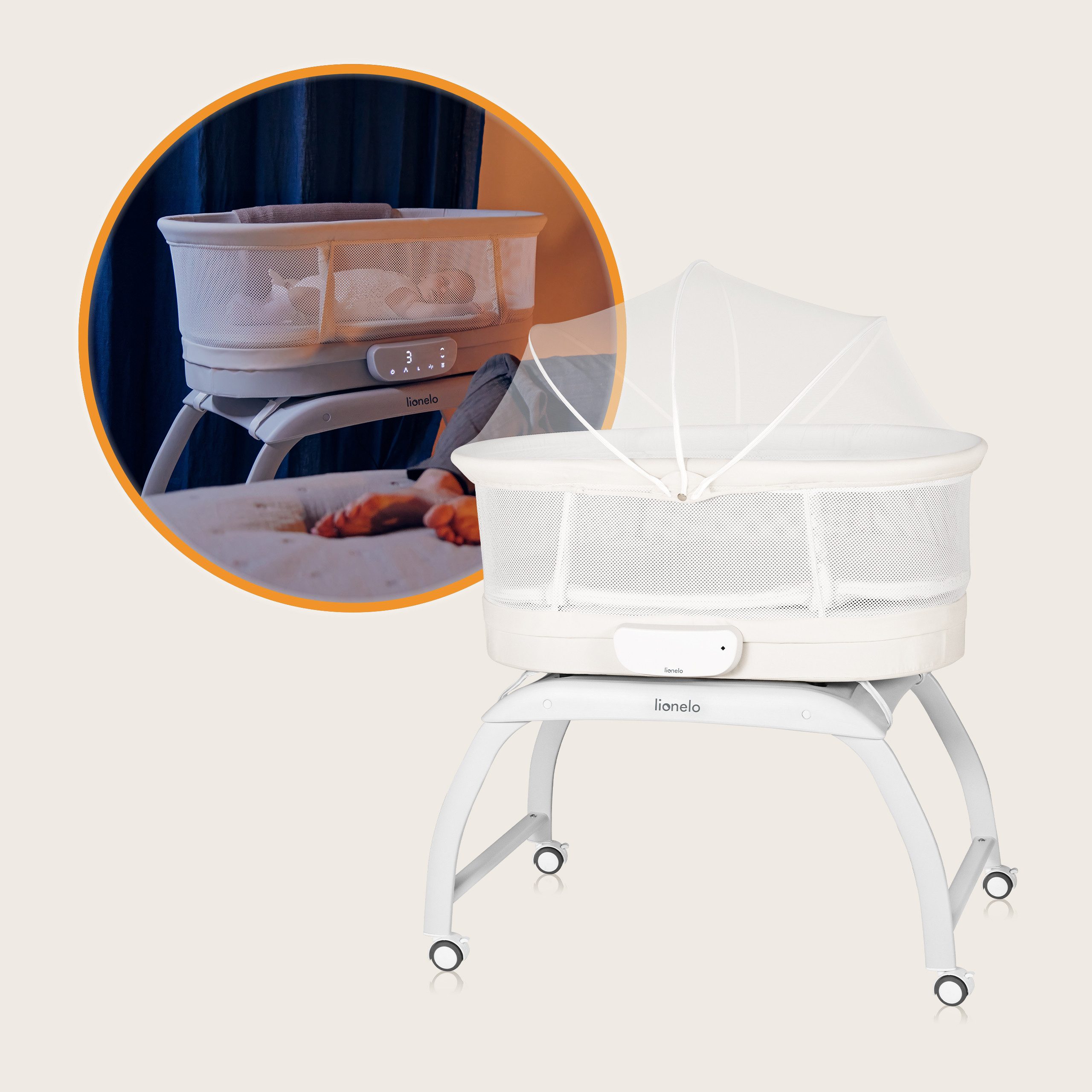 lionelo Baby Travel Cot CORAL, Cot, Cradle and Baby Scale/5 Rocking Speeds, 12 Melodies