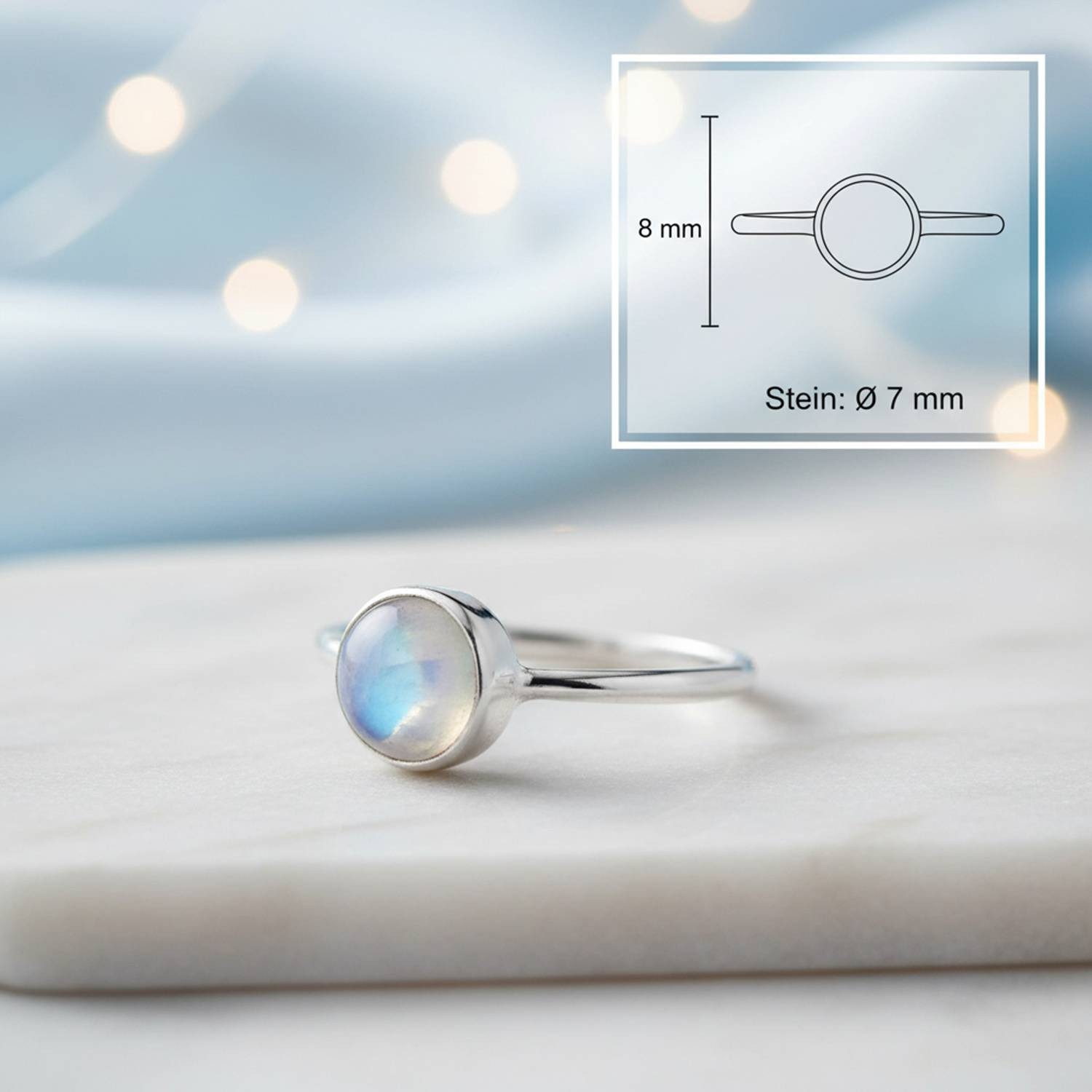 mantraroma Silberring SAMA rund aus 925 Silber mit Regenbogen Mondstein (Ring mit Schmuckbeutel), Damenring aus 925er Silber