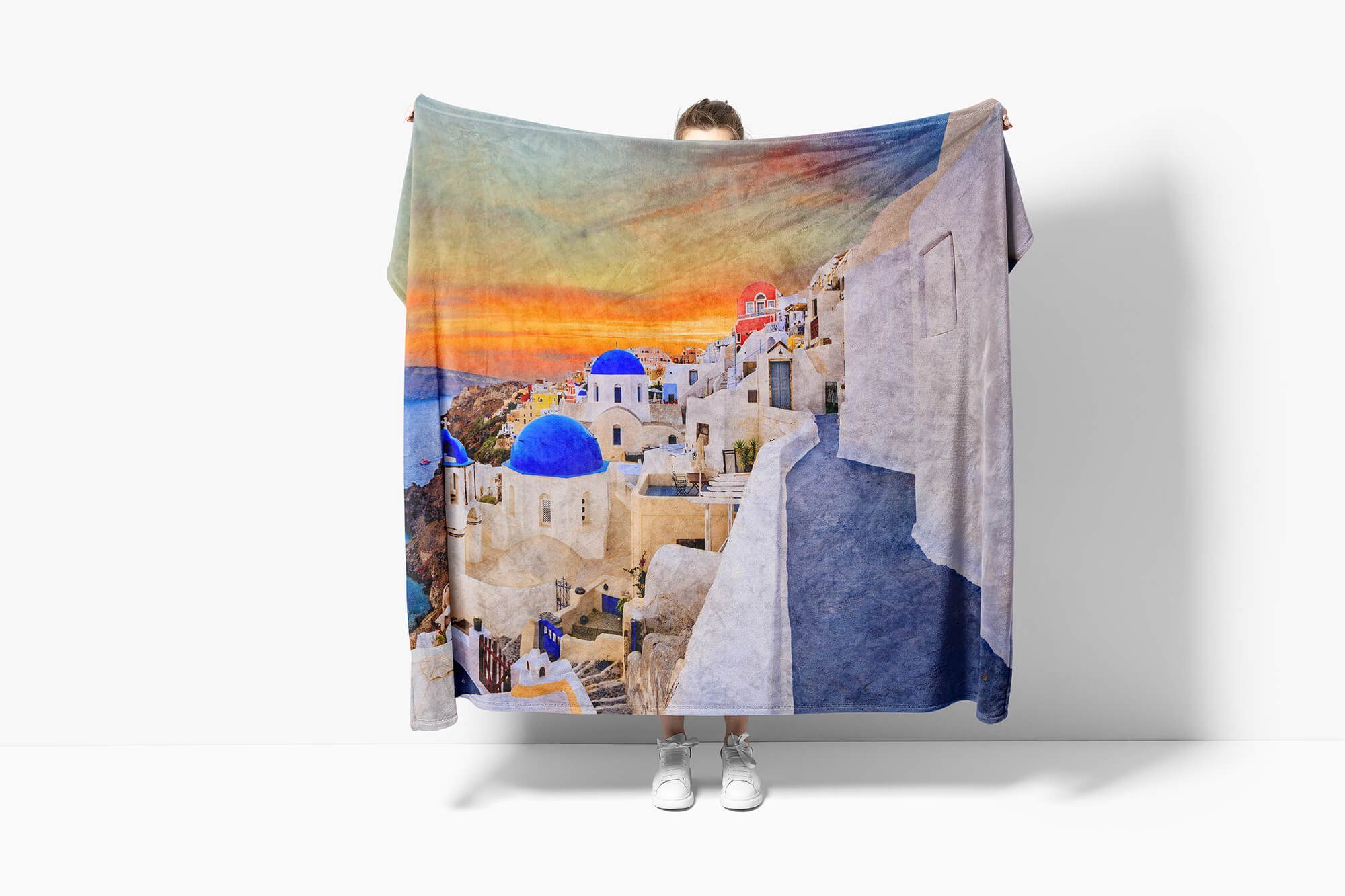 Baumwolle-Polyester-Mix Handtuch Strandhandtuch Fotomotiv Griechen, Sinus Kuscheldecke (1-St), Saunatuch Santorini Handtücher mit Art Handtuch