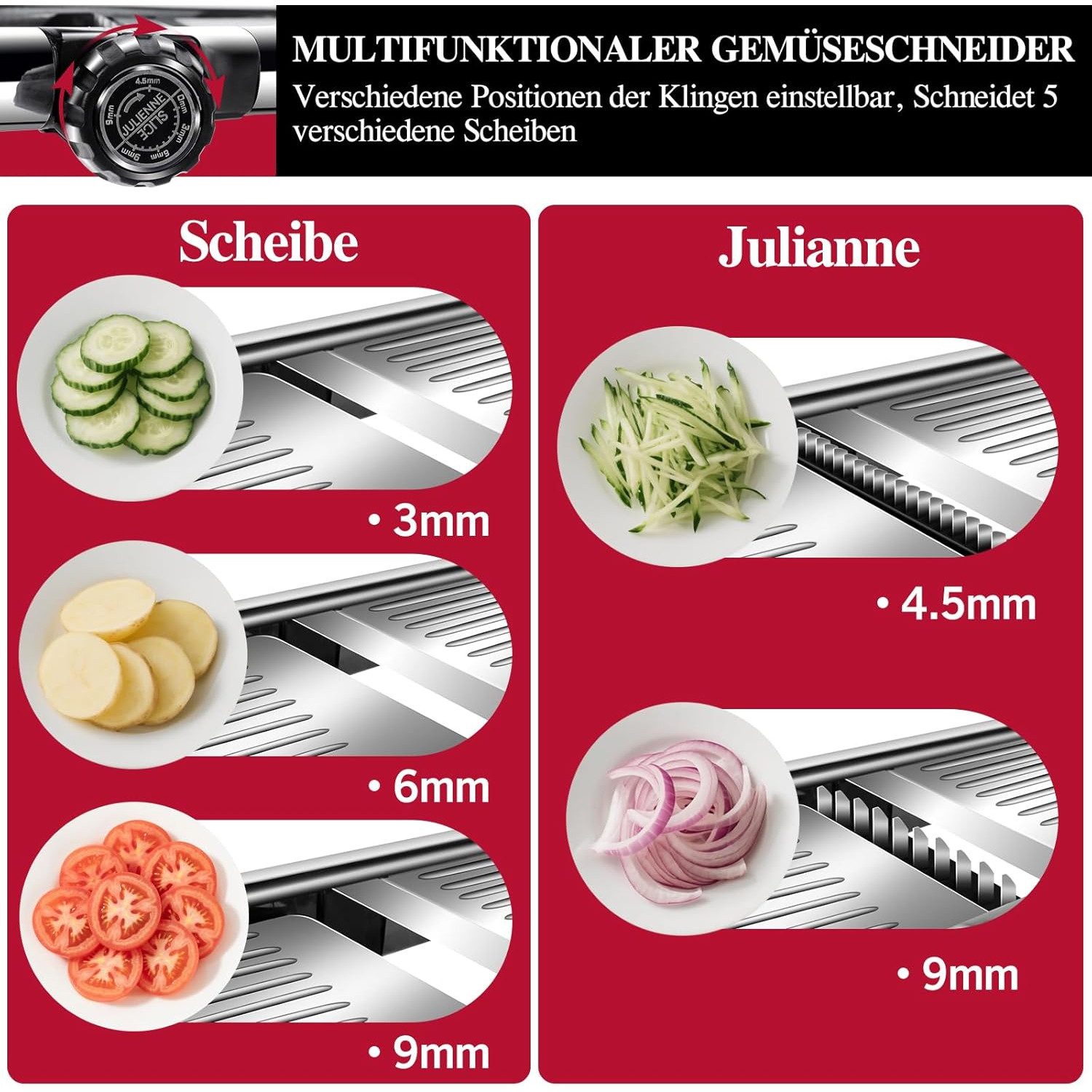 TUWENA Gemüsehobel Mandoline 5-In-1 Gemüseschneider Verstellbar Dünne Scheiben, Edelstahl Mehrzweck Küchenhobel Küchenreibe mit Klingenschützer – Bild 4 von 5