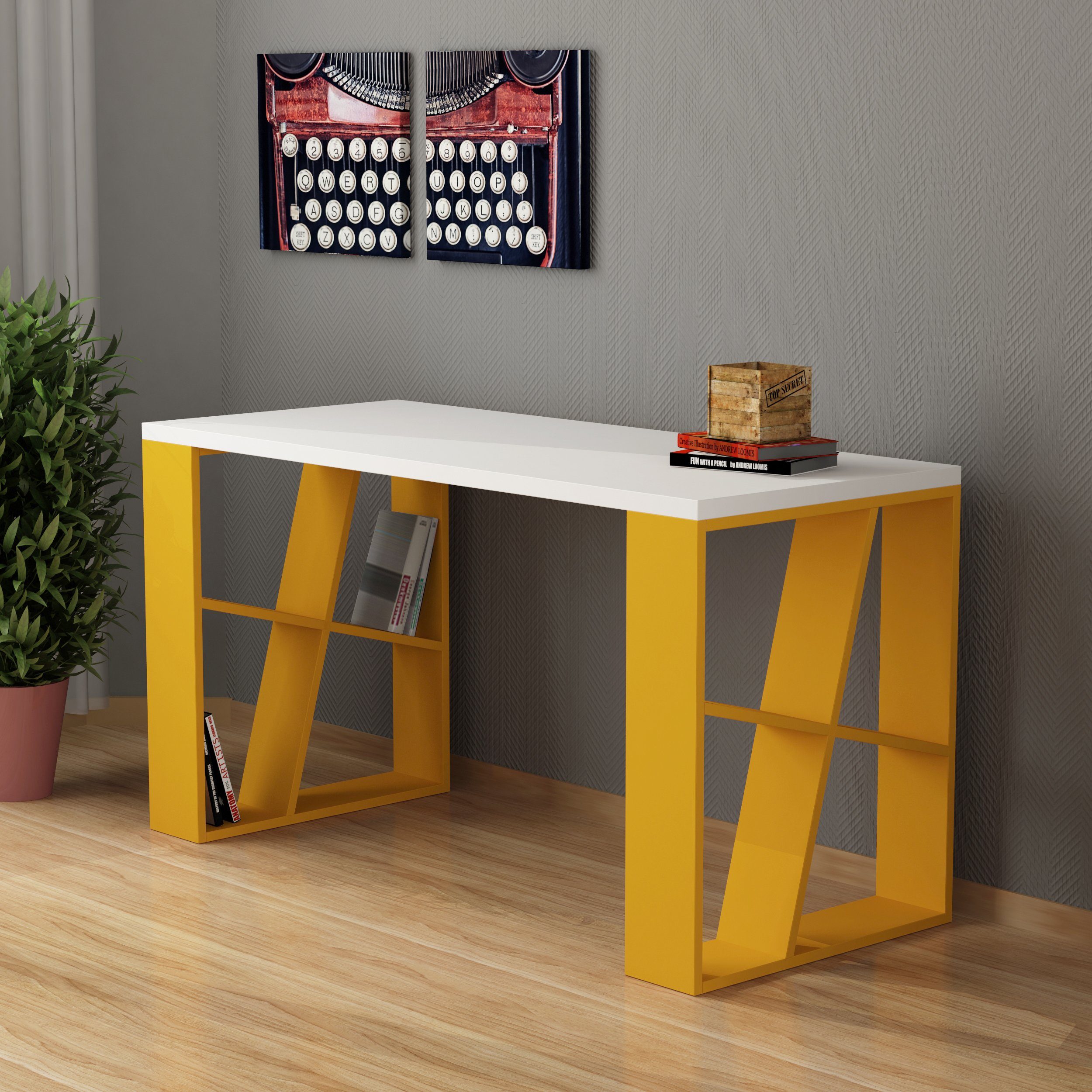 Decortie Schreibtisch Honey (1 Tisch), Moderner Schreibtischt mit Bücherregal, 137 x 60 x 75 cm weiß-senf