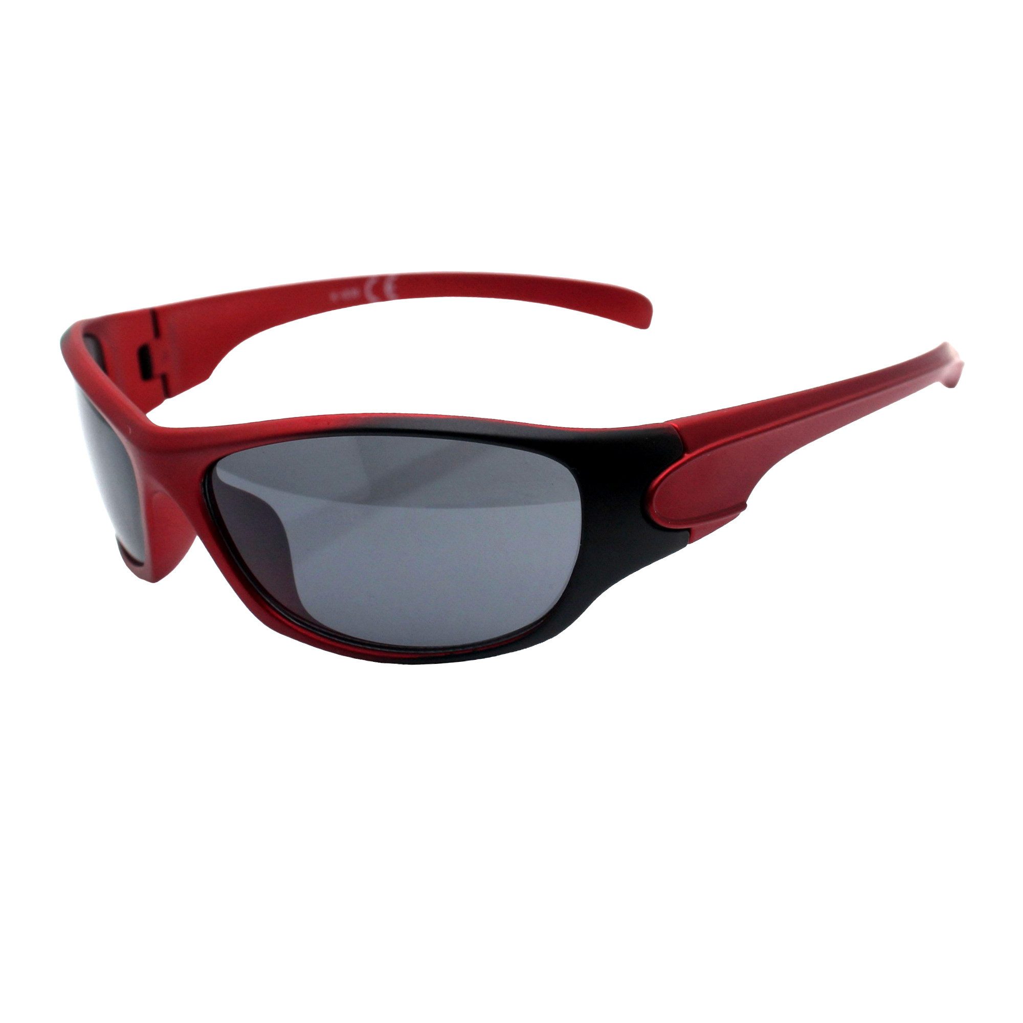 Vaccari-design Sonnenbrille Kinder Sportbrille für 6 bis 12 Jahre UV400 Gläser Schwarz Getönt Jungen Radbrille in Blau oder Rot Metallic mit Brillenbeutel