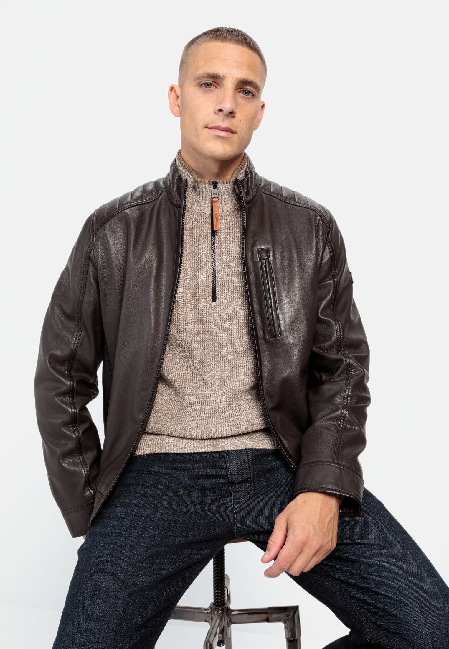 camel active Lederjacke mit Stehkragen Langarm