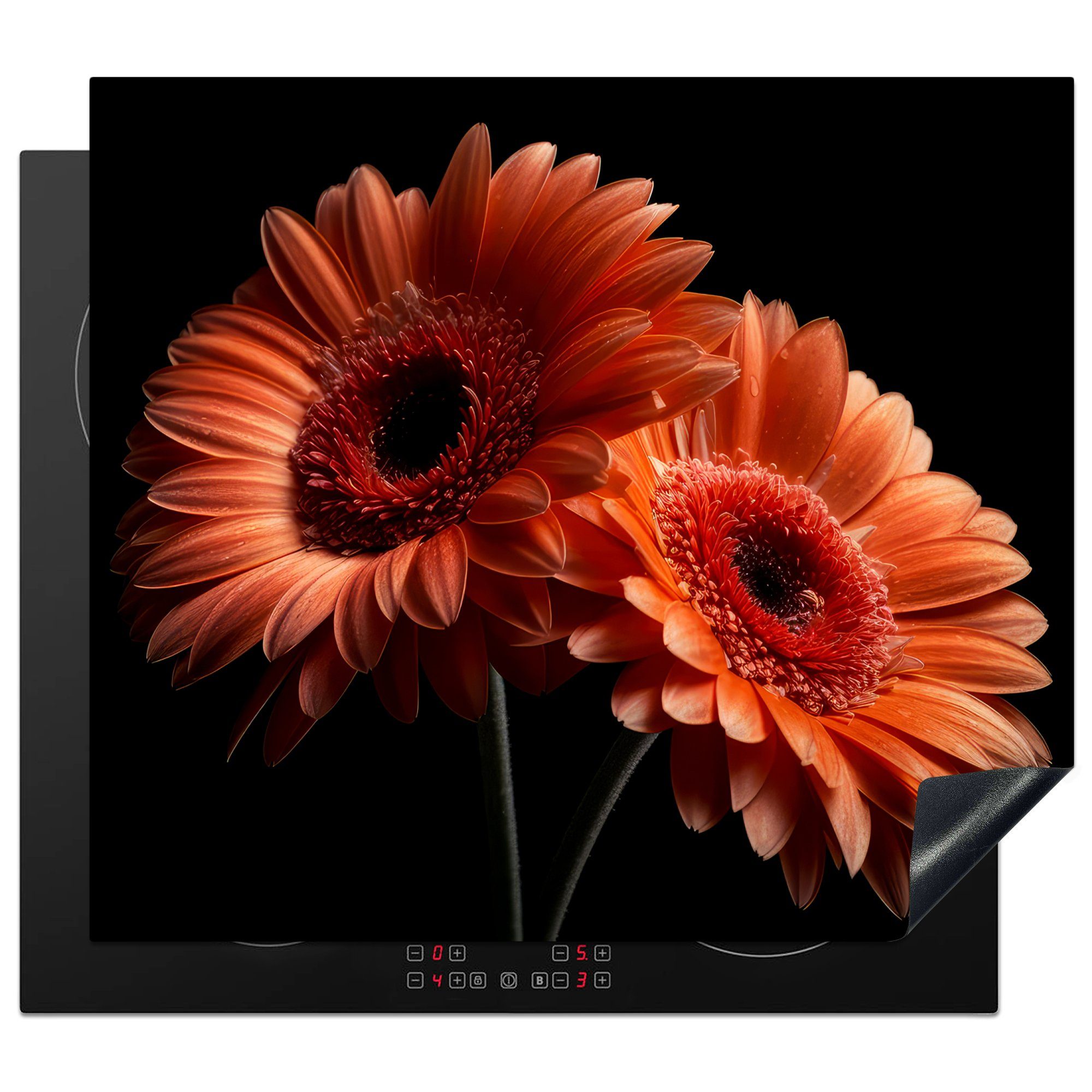 Blumen Vinyl, tlg), Arbeitsfläche - 60x52 - - Herdblende-/Abdeckplatte MuchoWow - Botanisch (1 Mobile Orange Schwarz, cm, Ceranfeldabdeckung Gerbera nutzbar,