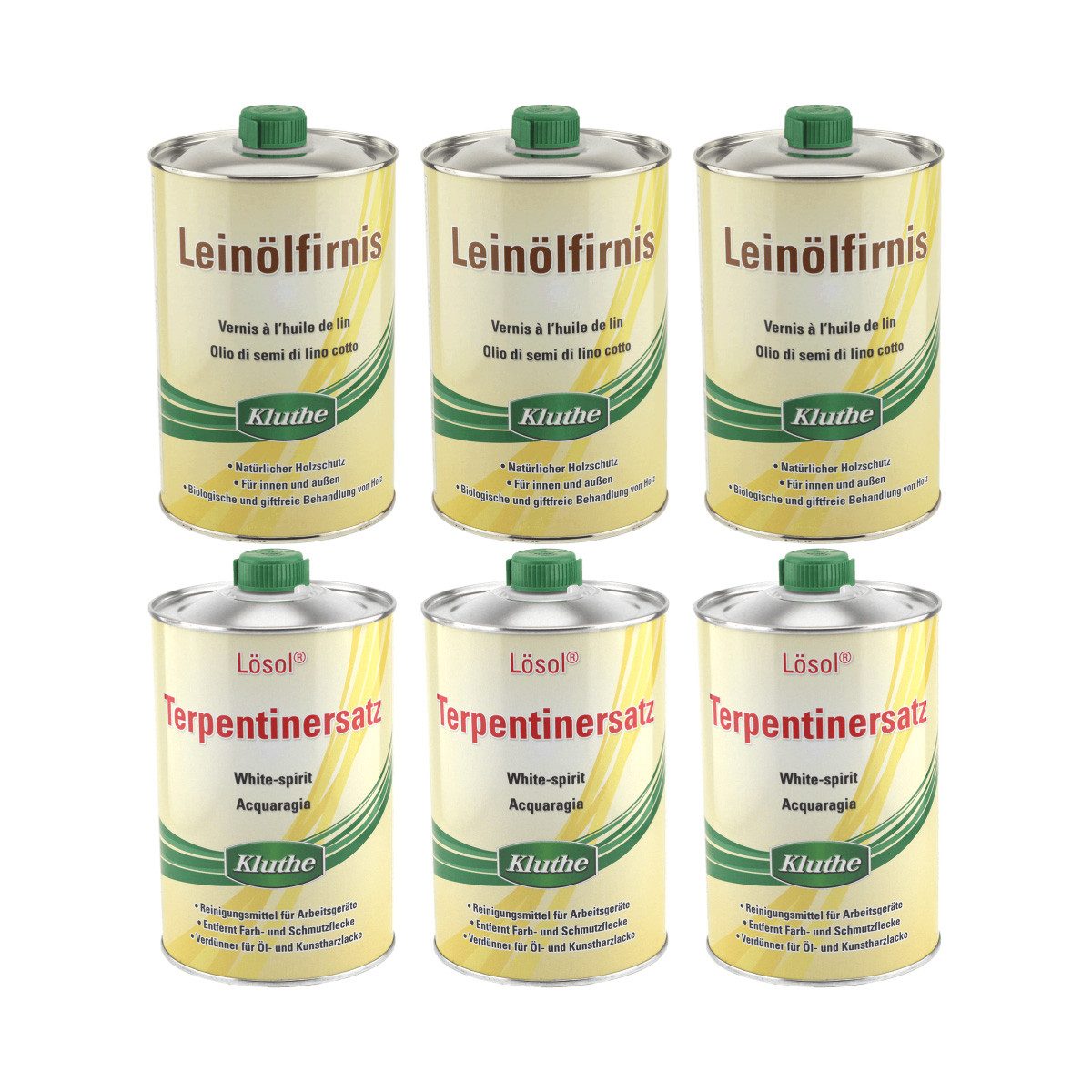 Kluthe Holzschutzlasur Set 3 x 1 Liter Leinölfirnis & 3 x 1 Liter Terpentinersatz